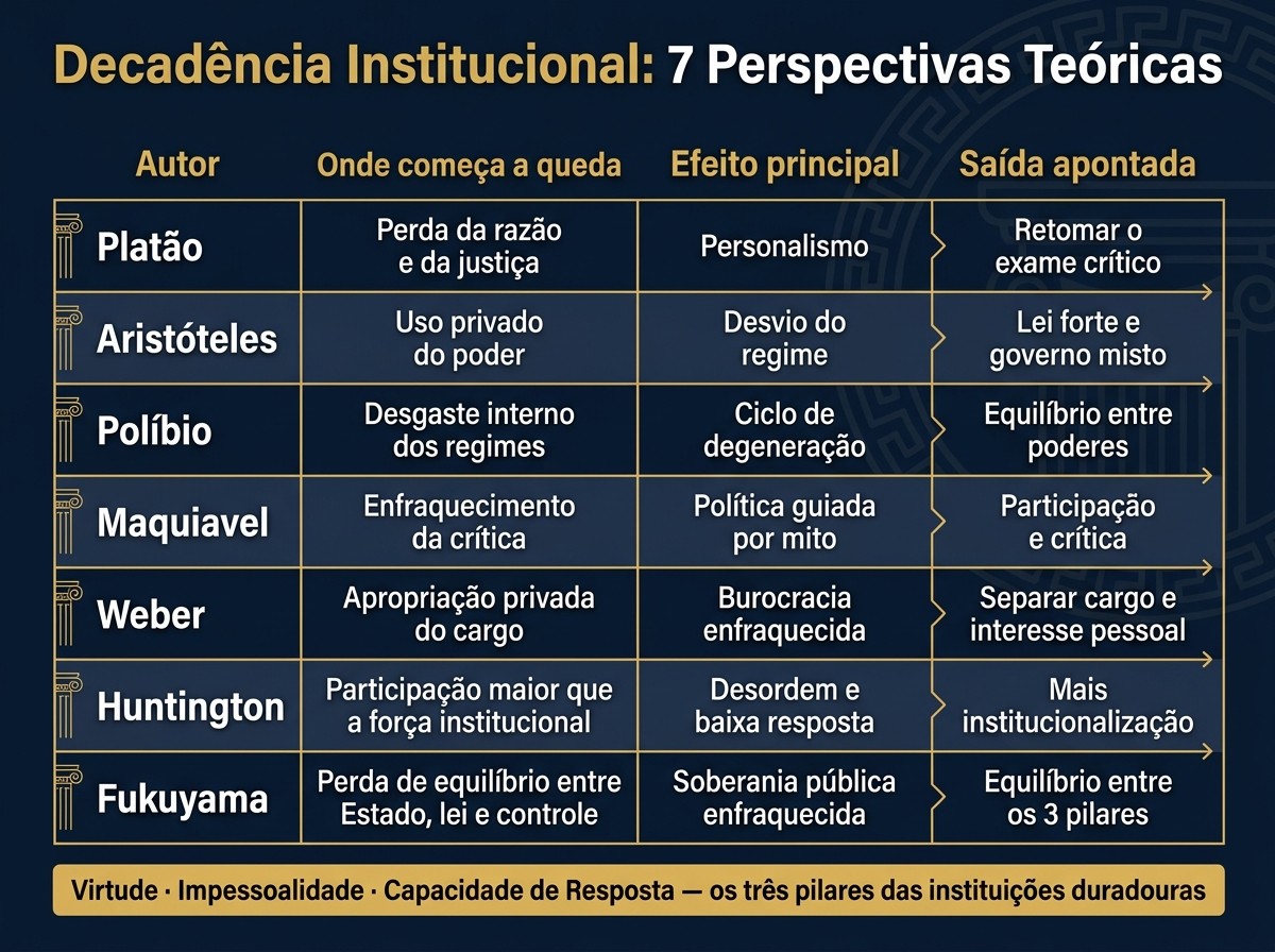 Decadência Institucional: 7 Autores, 4 Dimensões Comparadas