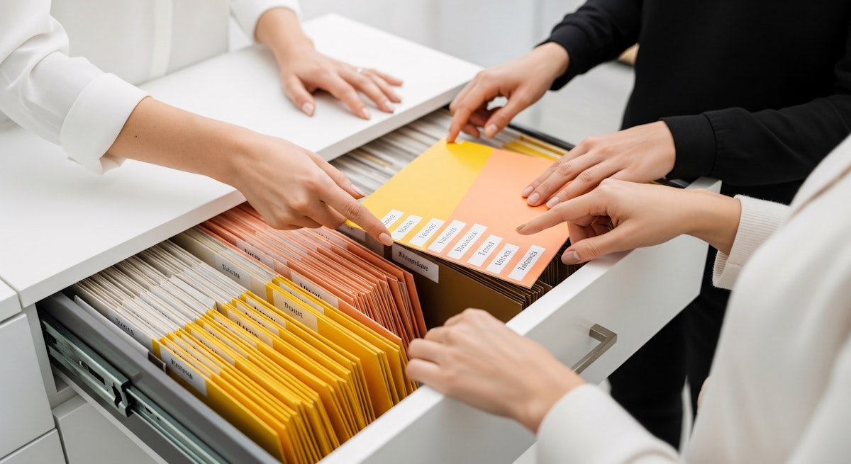 Hands exchanging a file from a filing cabinet drawer filled with organized folders.