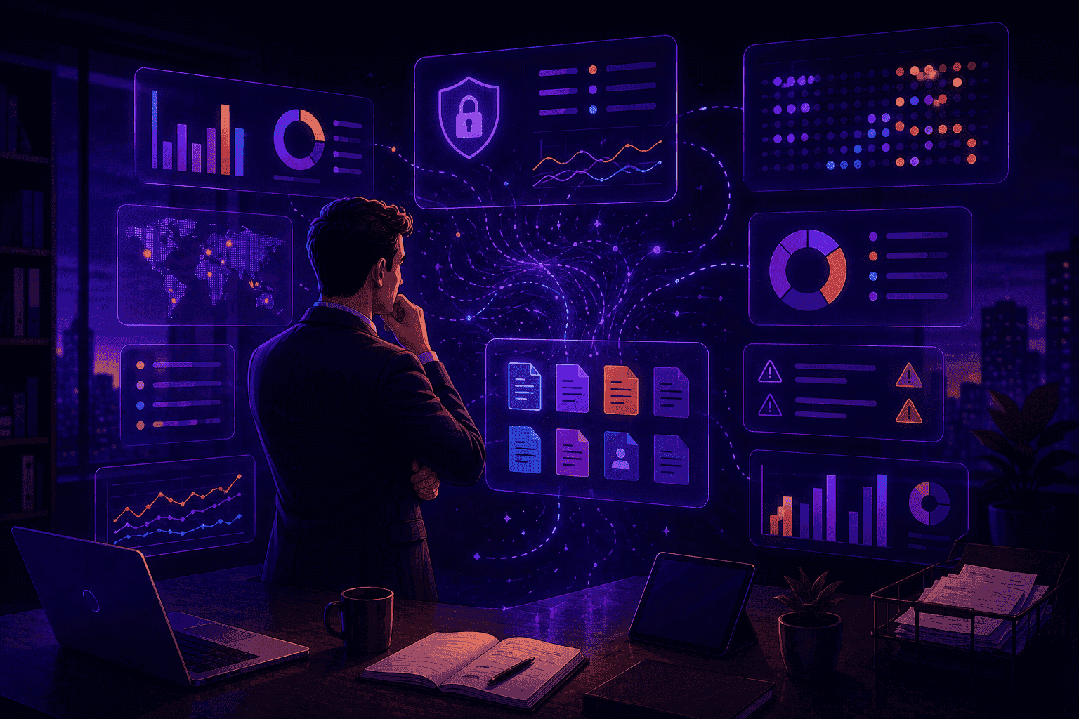 Manager reviewing DLP analytics and security insights through a visual dashboard to better understand organizational data risks.
