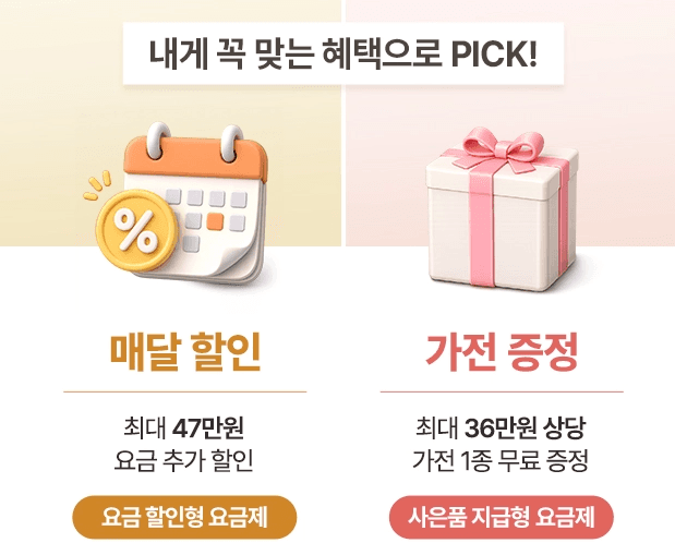 스카이라이프 가입 혜택 선택 안내장입니다. "내게 꼭 맞는 혜택으로 PICK!"이라는 문구와 함께 달력 아이콘이 그려진 매달 할인(최대 47만 원 요금 추가 할인) 옵션과 선물 상자가 그려진 가전 증정(최대 36만 원 상당 가전 1종 무료 증정) 옵션을 비교하여 보여줍니다.
