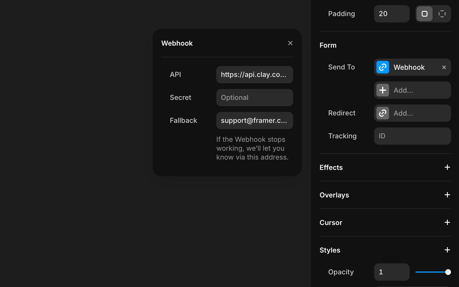 Framer 表单配置面板,显示“发送至”字段设置为 Webhook,并包含 Clay API URL,以及 Webhook 设置对话框,展示 API 端点、可选密钥字段和备用邮箱地址