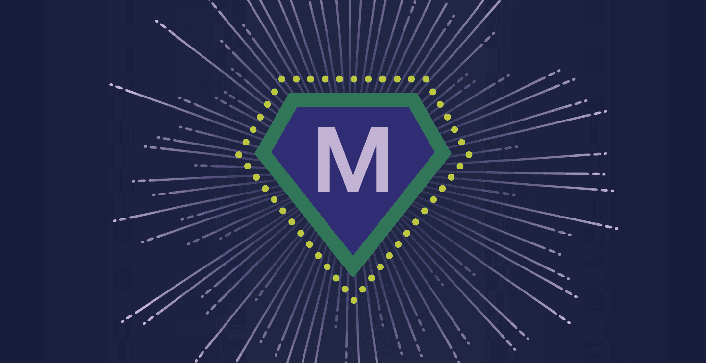 A superhero badge with a big M in the centre, rays of light stream out from behind the image.