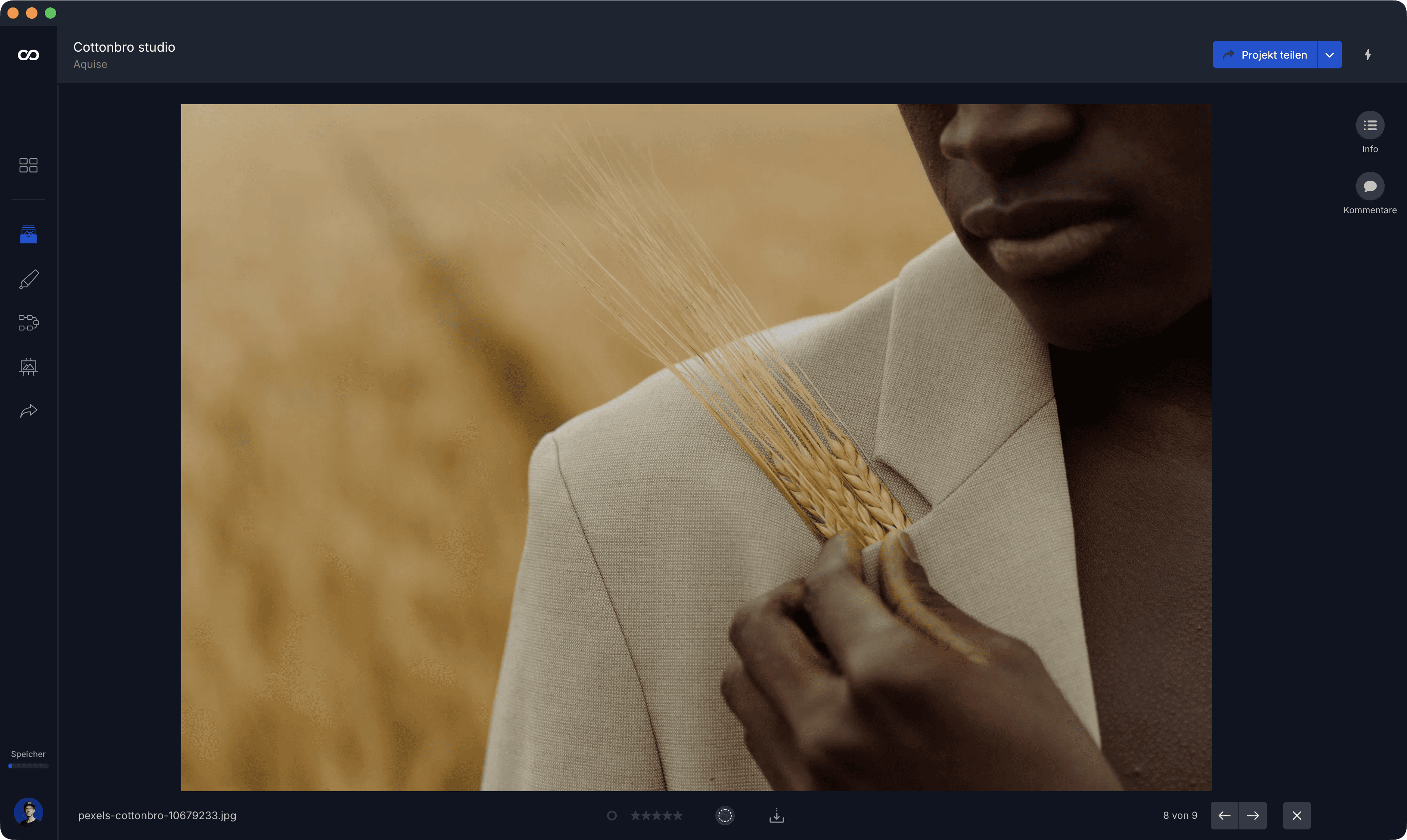 moodcase interface displaying a visual asset in detail view with navigation, comments, and sharing controls