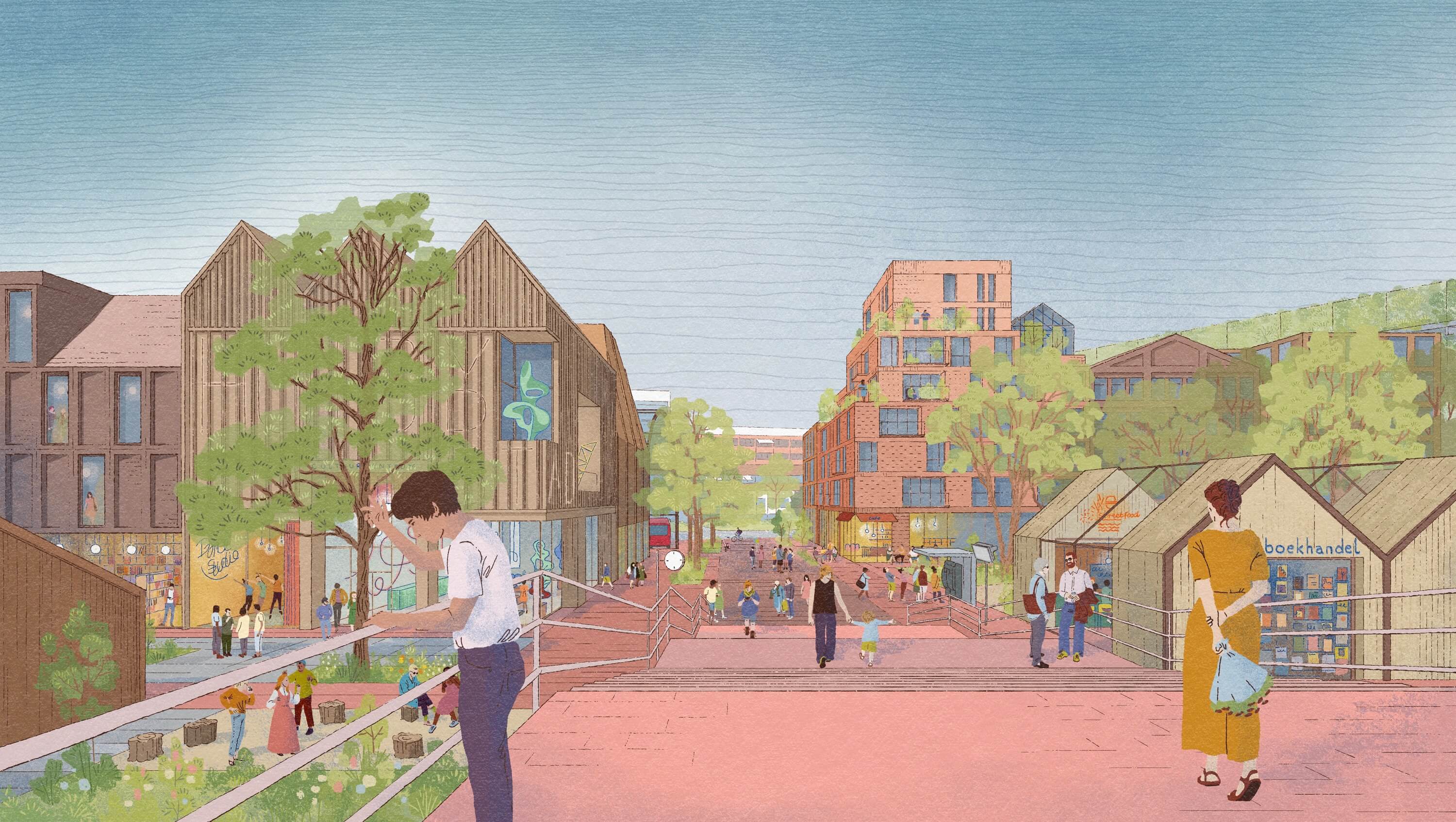 A vibrant outdoor scene with people walking by colorful buildings and lush greenery under a clear sky.