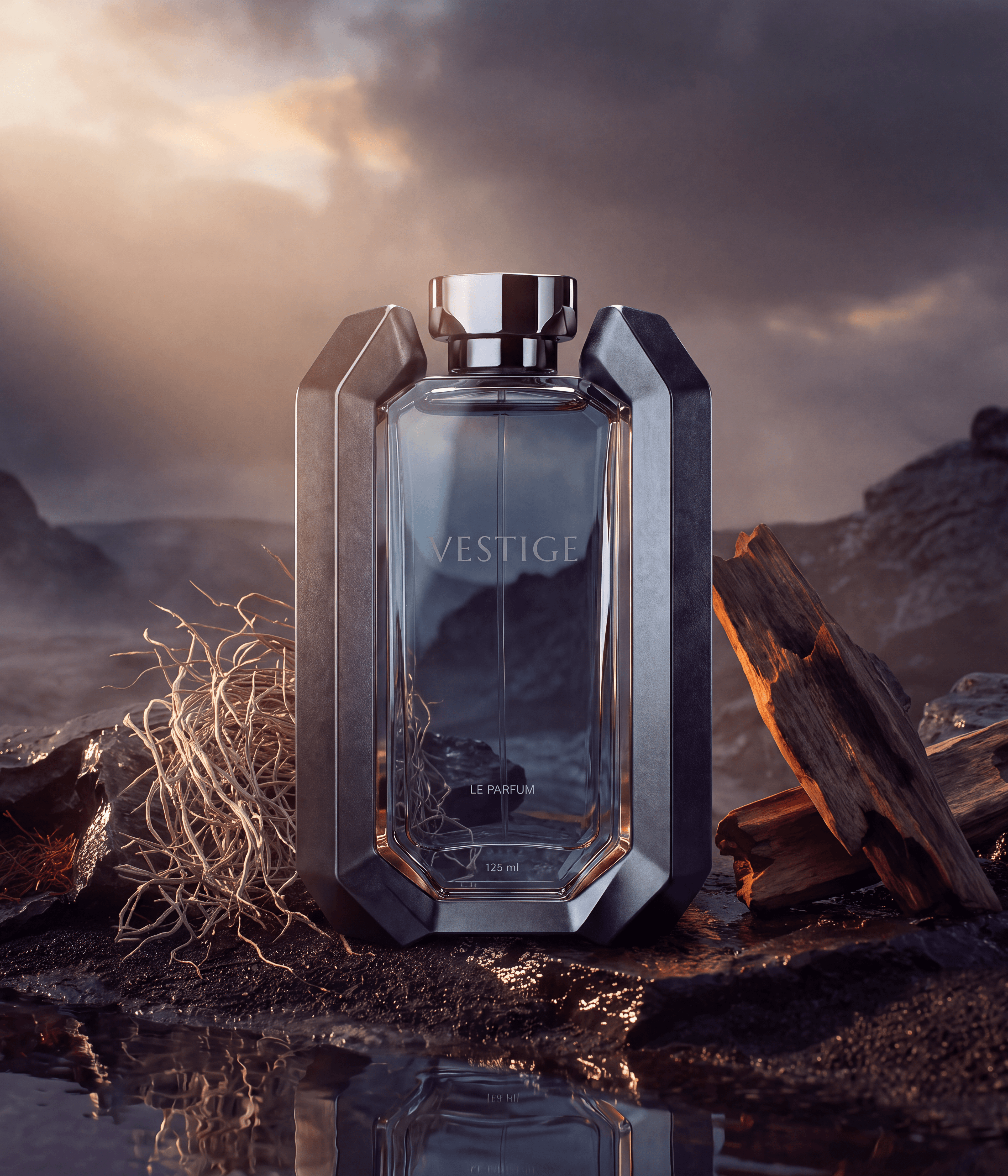 VESTIGE perfume bottle surrounded by rock and sculptural metallic textures.