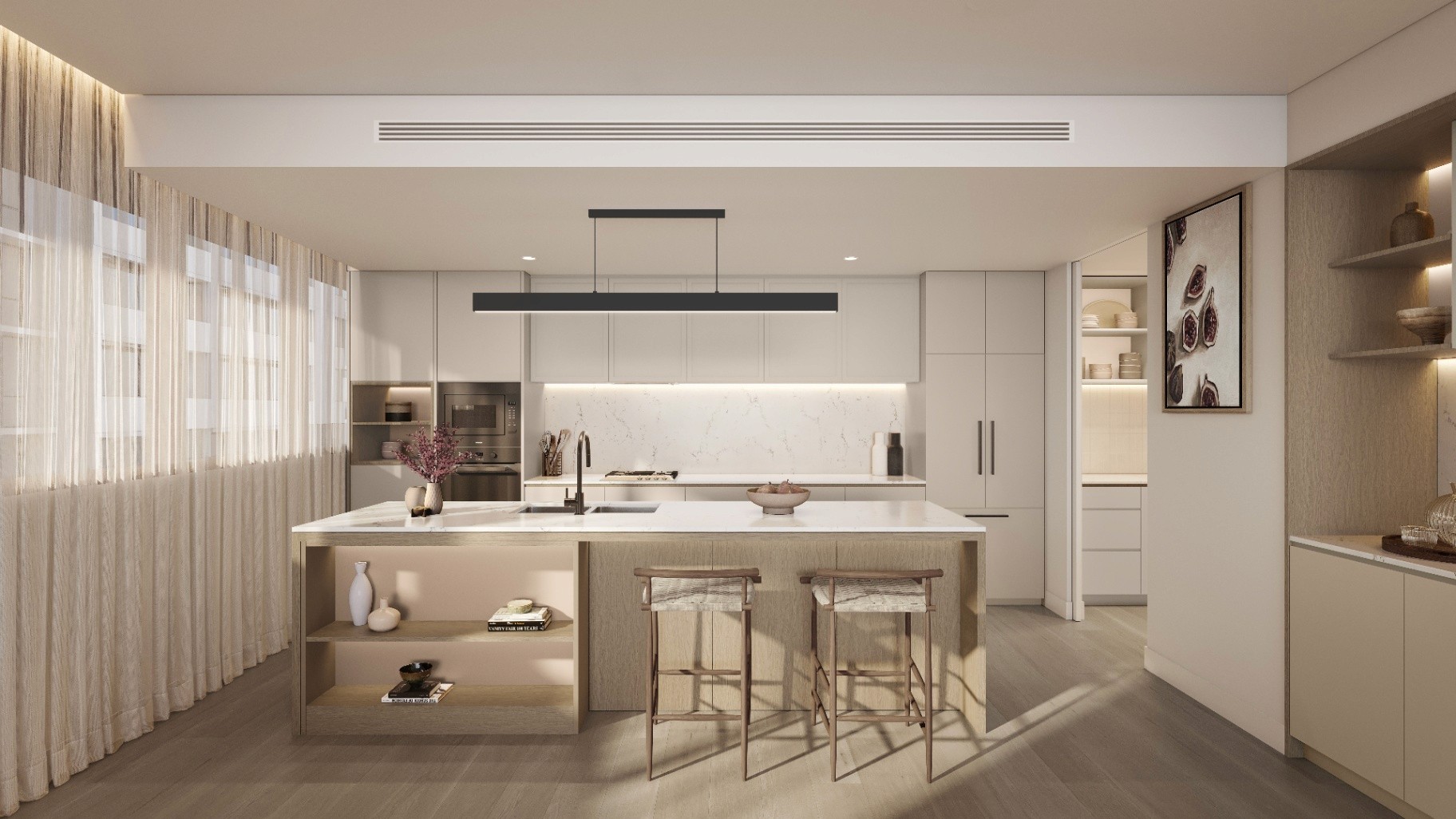 Light filled modern kitchen with island bench in Castle Hill apartment, off the plan property with $10K upfront and weekly deposit payments