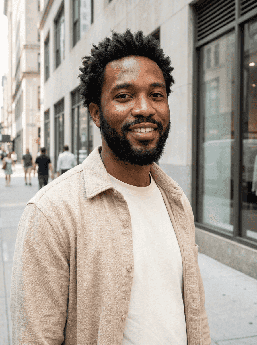 A person with a beard and a beige jacket stands on a bustling city sidewalk, with tall buildings and shopfronts in the background, exuding a relaxed and casual urban vibe.