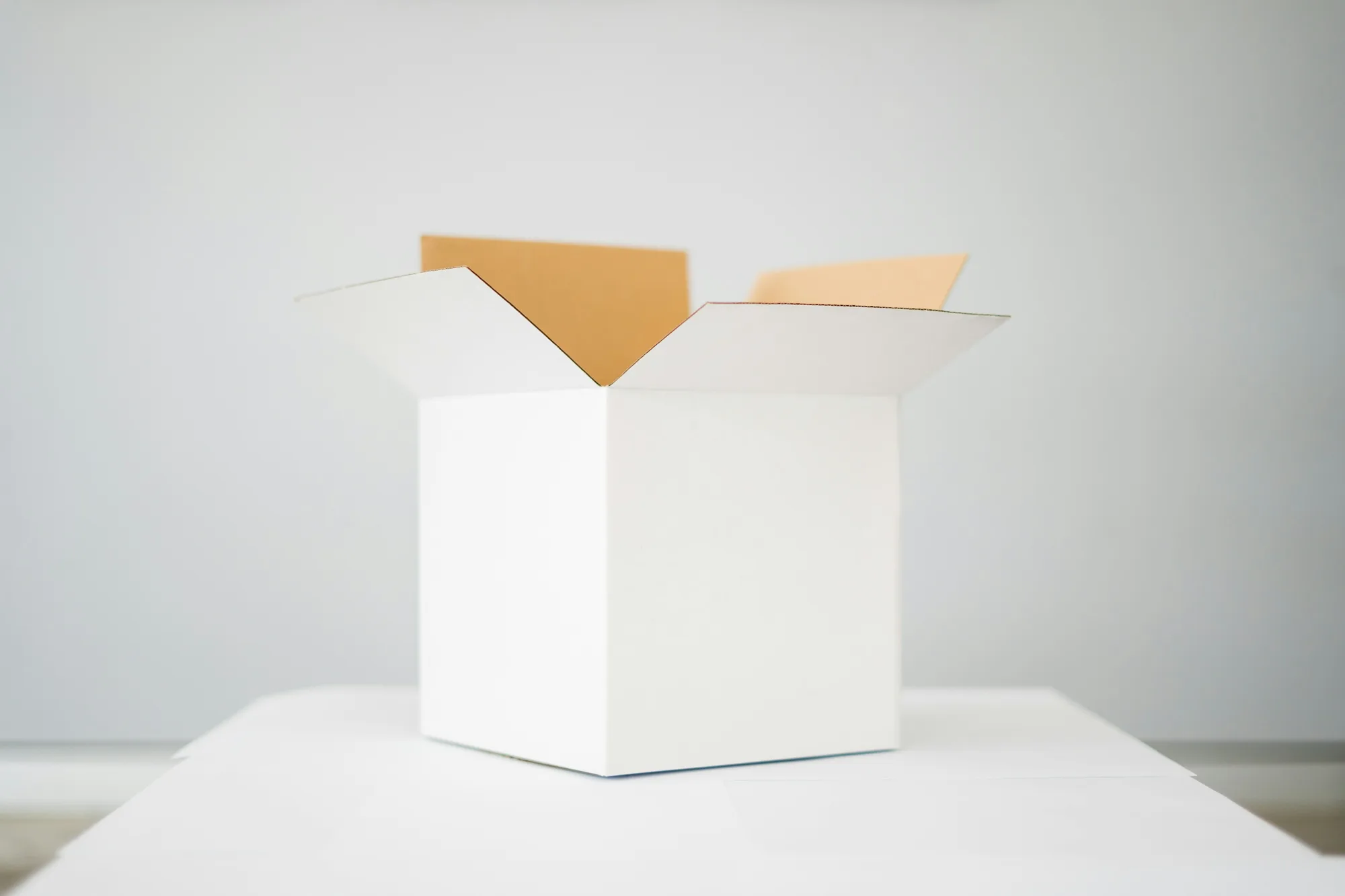 Plain white box opening on a white table