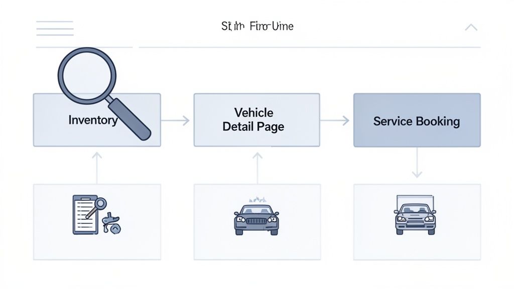 Flowchart depicting an automotive website's inventory, vehicle detail, and service booking process.