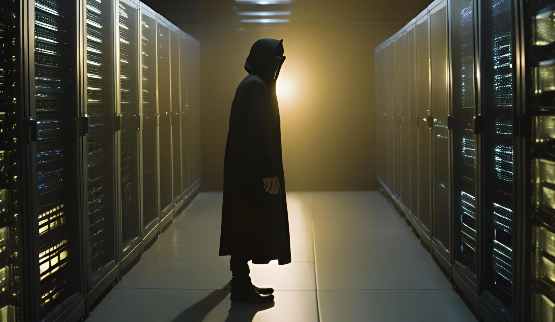 A cybercryminal standing in a server room going to steal company data