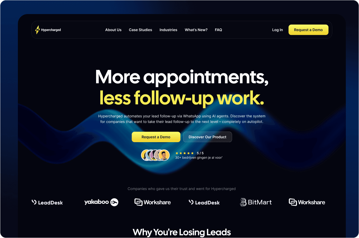 Hero section of Hypercharged’s redesigned website showcasing an AI-powered lead follow-up system that automates appointment scheduling through WhatsApp and other messaging platforms. The screen features the headline ‘More appointments, less follow-up work,’ a blue neon wave visual, primary CTAs for requesting a demo and exploring the product, social proof with 5-star ratings, and logos of partner companies such as LeadDesk, Yakaboo and BitMart. Modern dark UI emphasizing automation, efficiency and next-level workflow optimization for businesses.