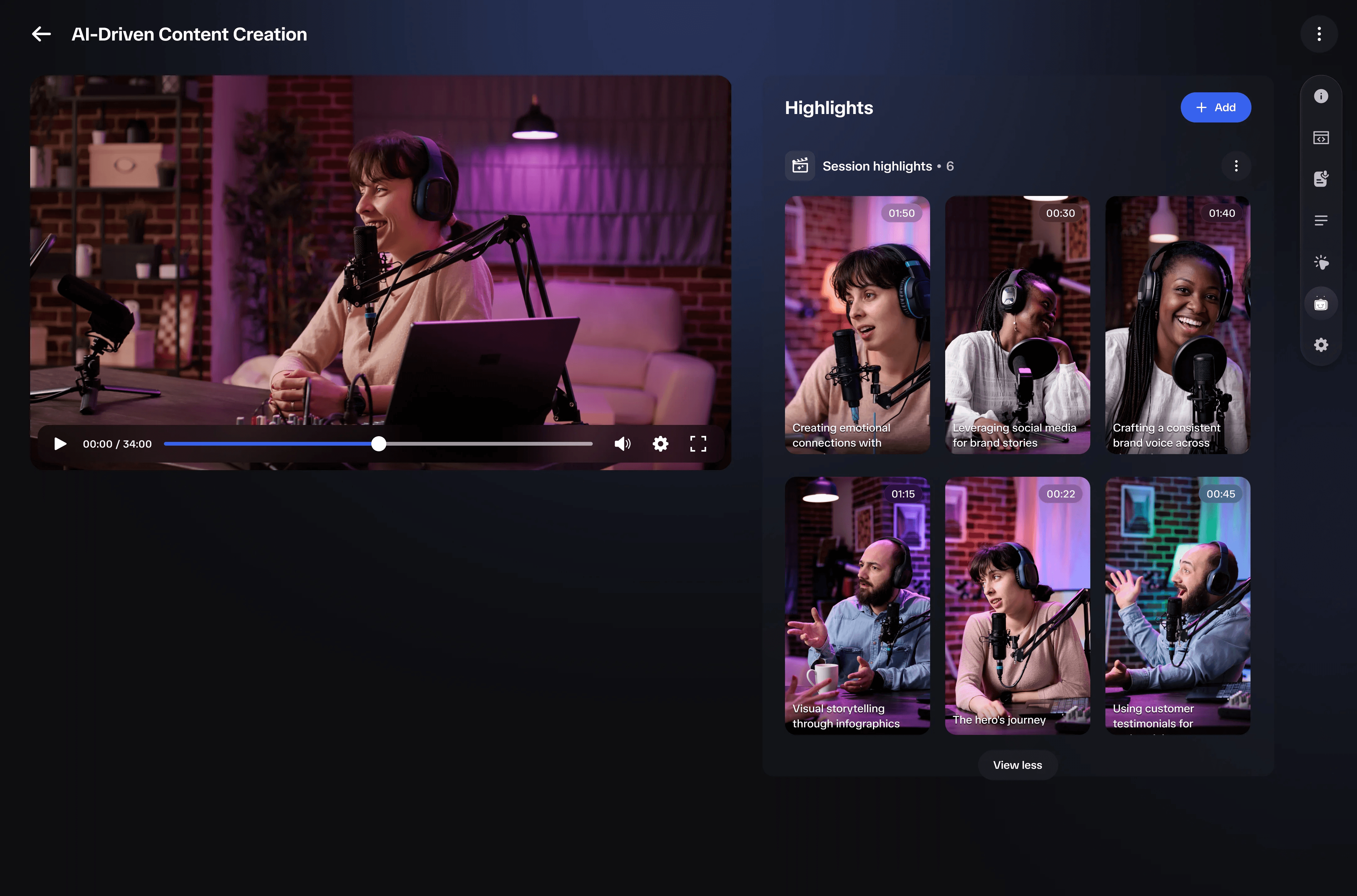 BrandTV Highlights UI showing a grid of six video clip thumbnails with timecodes