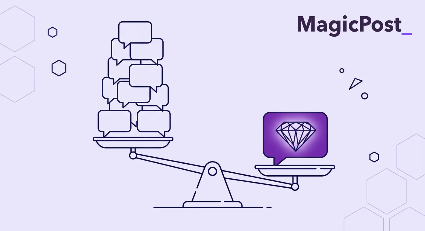 A scale balancing several low-quality LinkedIn post and one great LinkedIn post, symbolizing the importance of quality over quantity in LinkedIn thought leadership