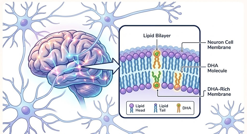 A medical illustration of a neuron's lipid bilayer cell membrane, highlighting the structure and integration of DHA molecules for brain health.
