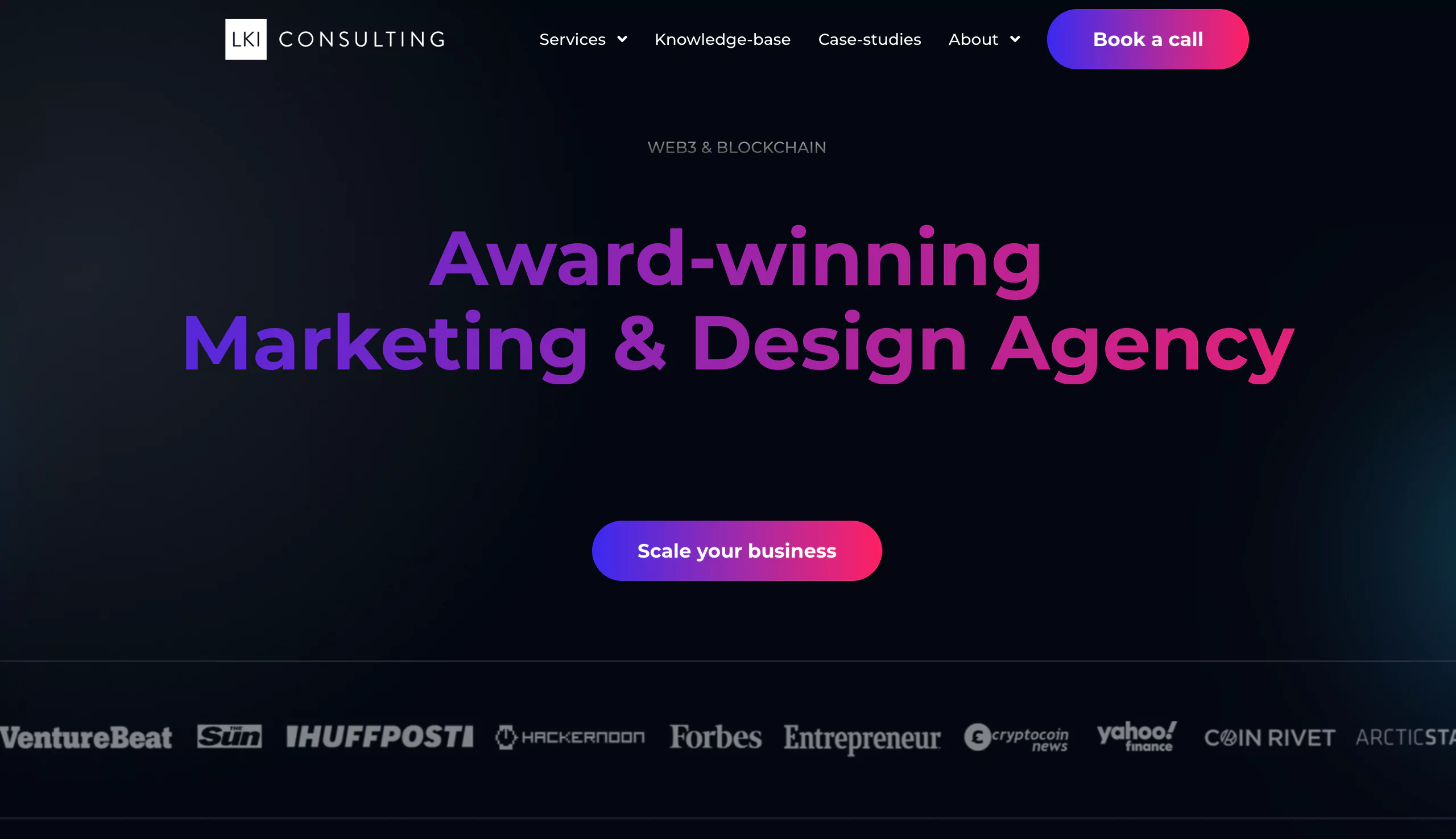 LKI Consulting crypto marketing agency specializes in google ads, website front page screenshot
