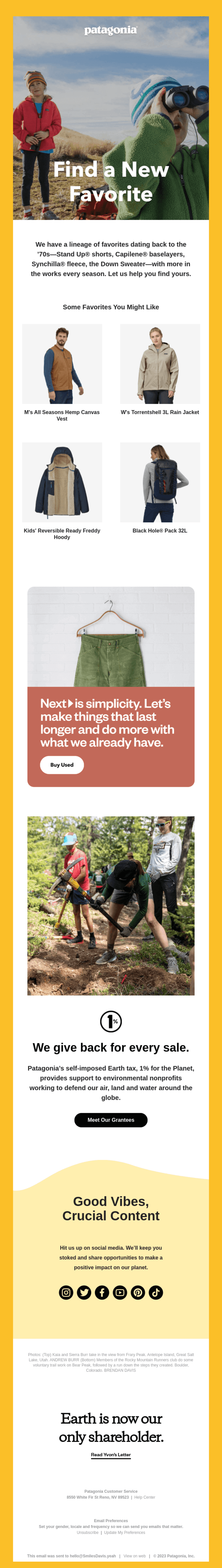 "Patagonia email showcasing outdoor gear, recommended products like jackets and backpacks, a sustainability message, and social media links."