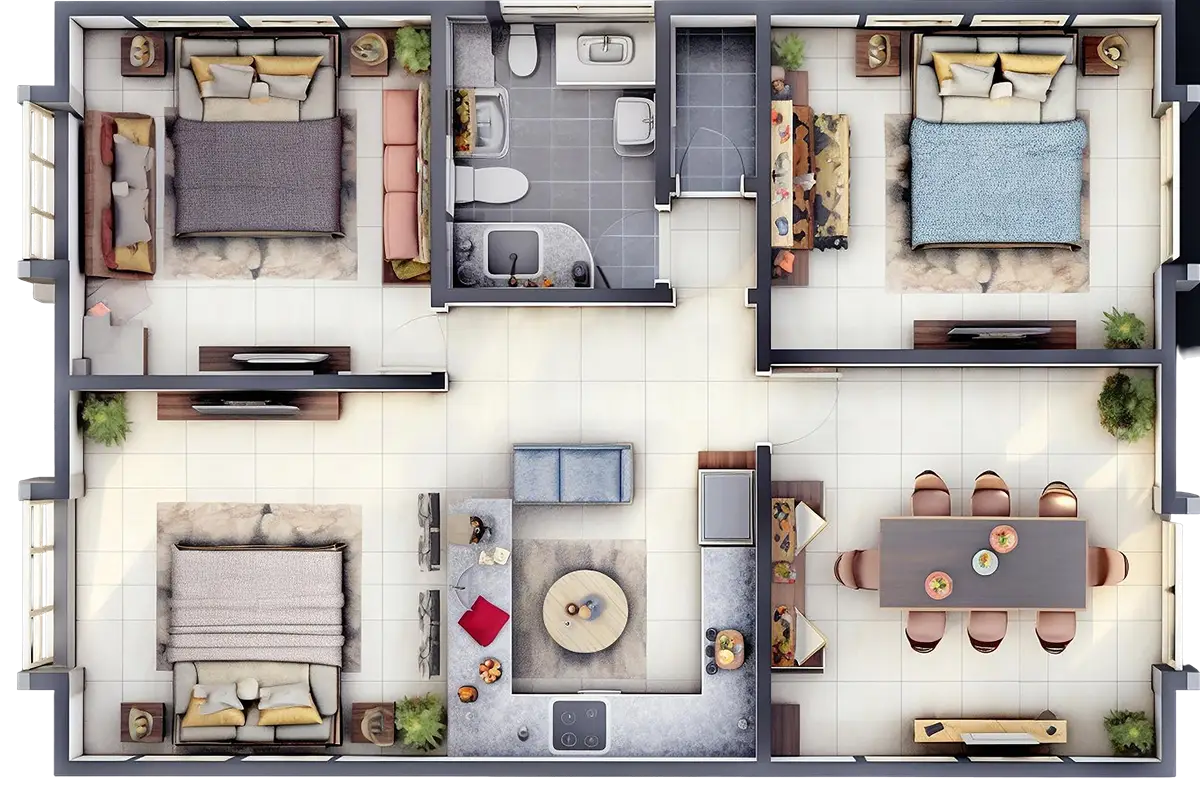 Modern residential floor plan layout with living room, bedrooms, kitchen, and bathroom design