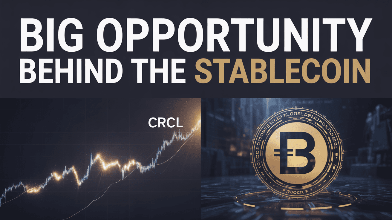 CRCL chart beside glowing digital stablecoin emblem and big opportunity headline