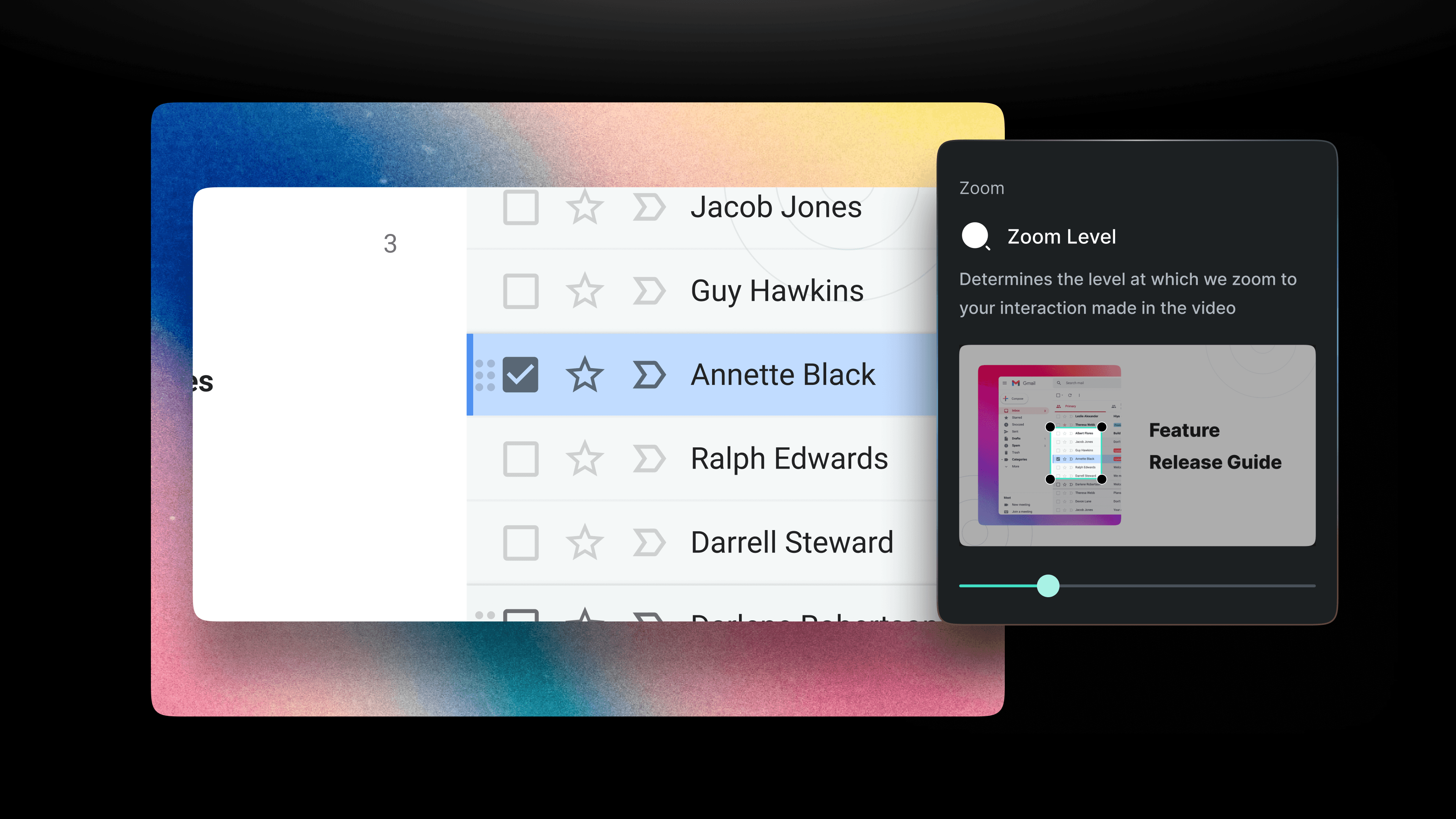 A digital interface displays a checklist with items, including a selected task highlighted in blue and a sidebar featuring zoom level options for video interaction adjustments, set against a gradient background.