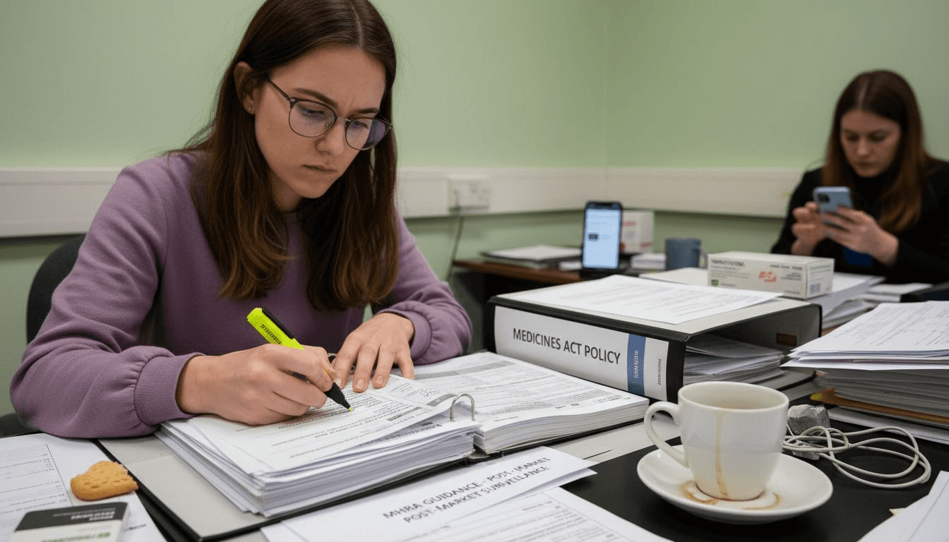 Regulator reviewing patient leaflets at desk