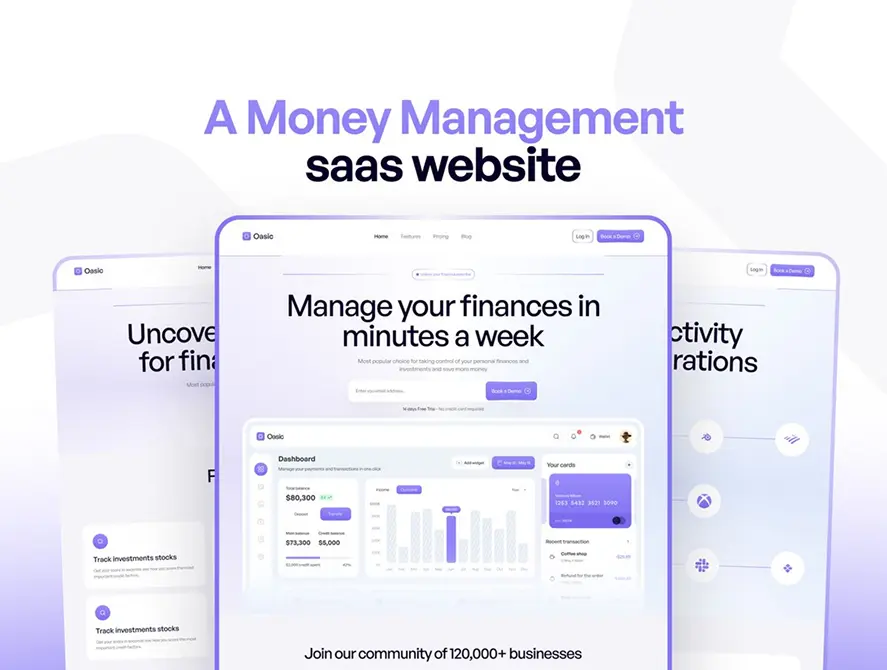 Financial SaaS website interface showing money management dashboard and modern SaaS platform design.