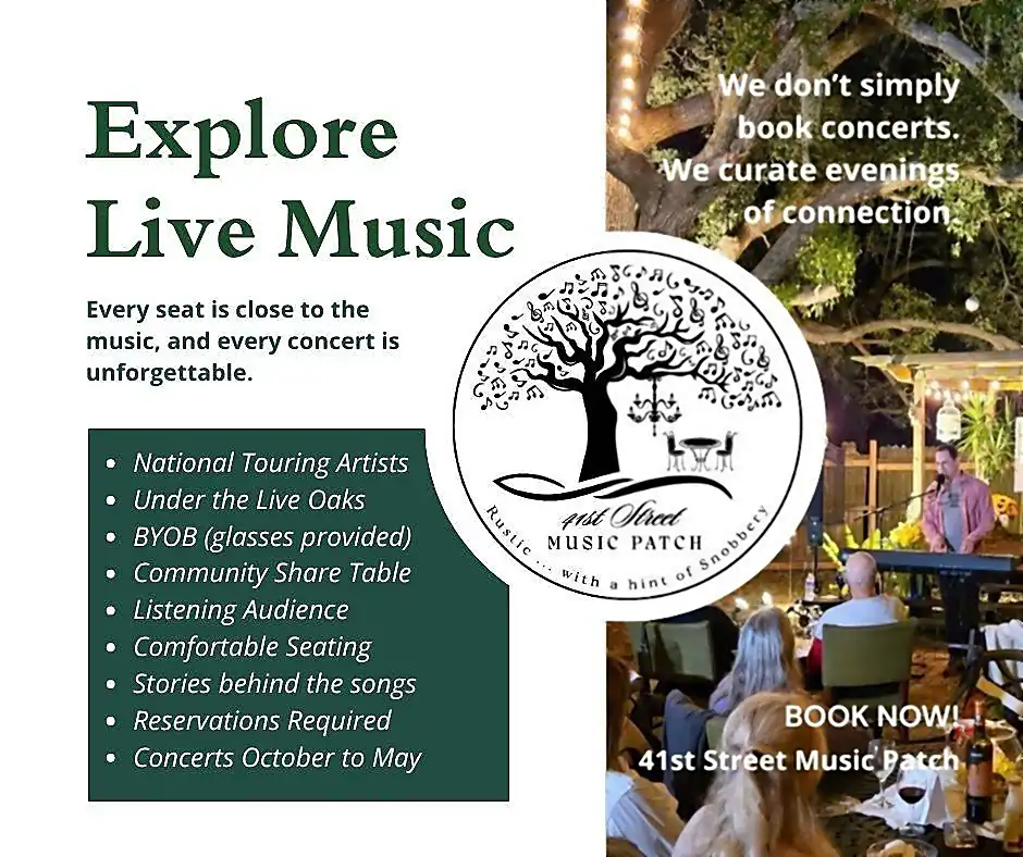 Explore Live Music event poster for 41st Street Music Patch in Bradenton, FL, featuring enticing visuals of cozy seating, a live performance under ambient lighting, and highlighted amenities like BYOB, comfortable seating, and community sharing tables.