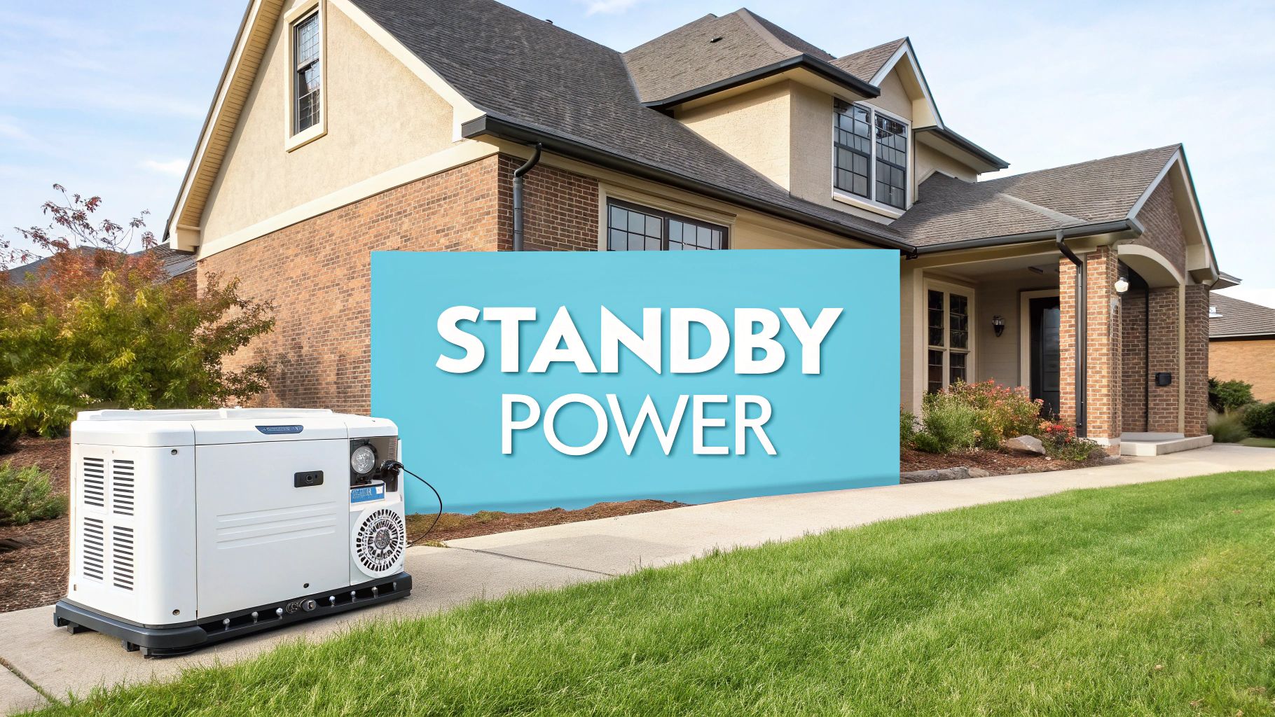 a home with a generator and a blue text box reading 'standby power'