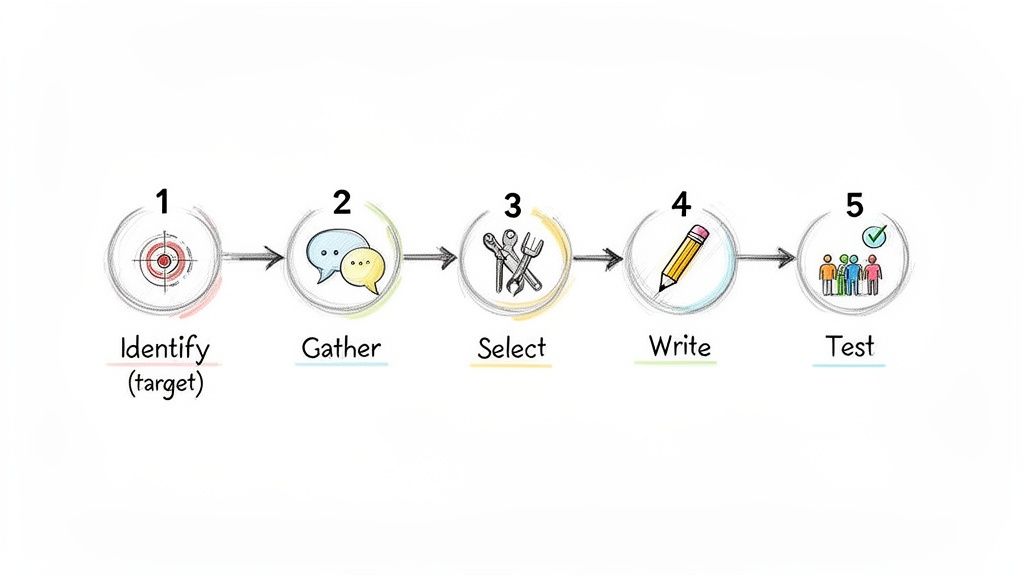 A 5-step process diagram showing Identify, Gather, Select, Write, and Test stages with icons.