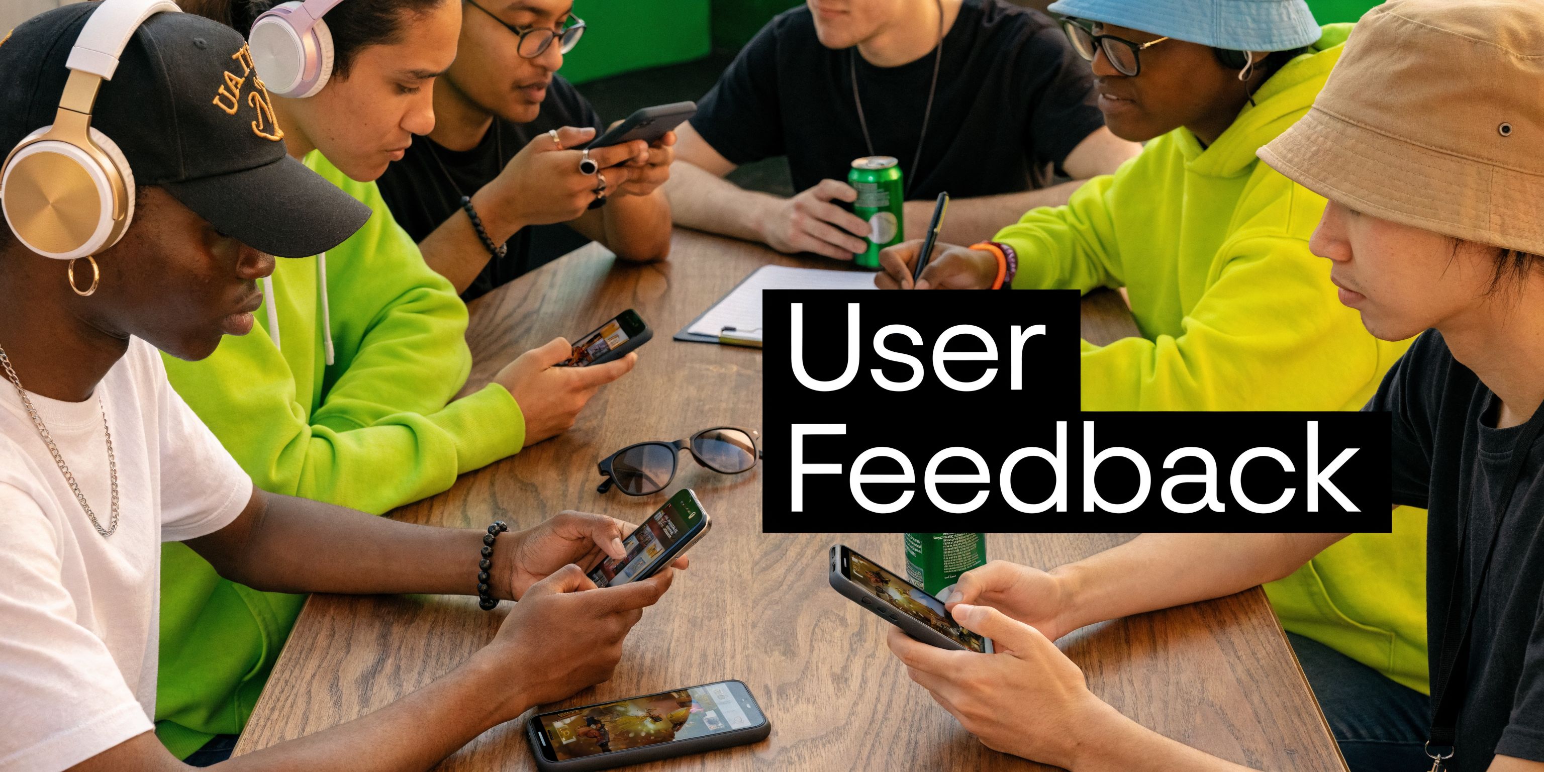 A diverse group of young people sitting together at a wooden table using their mobile phones.