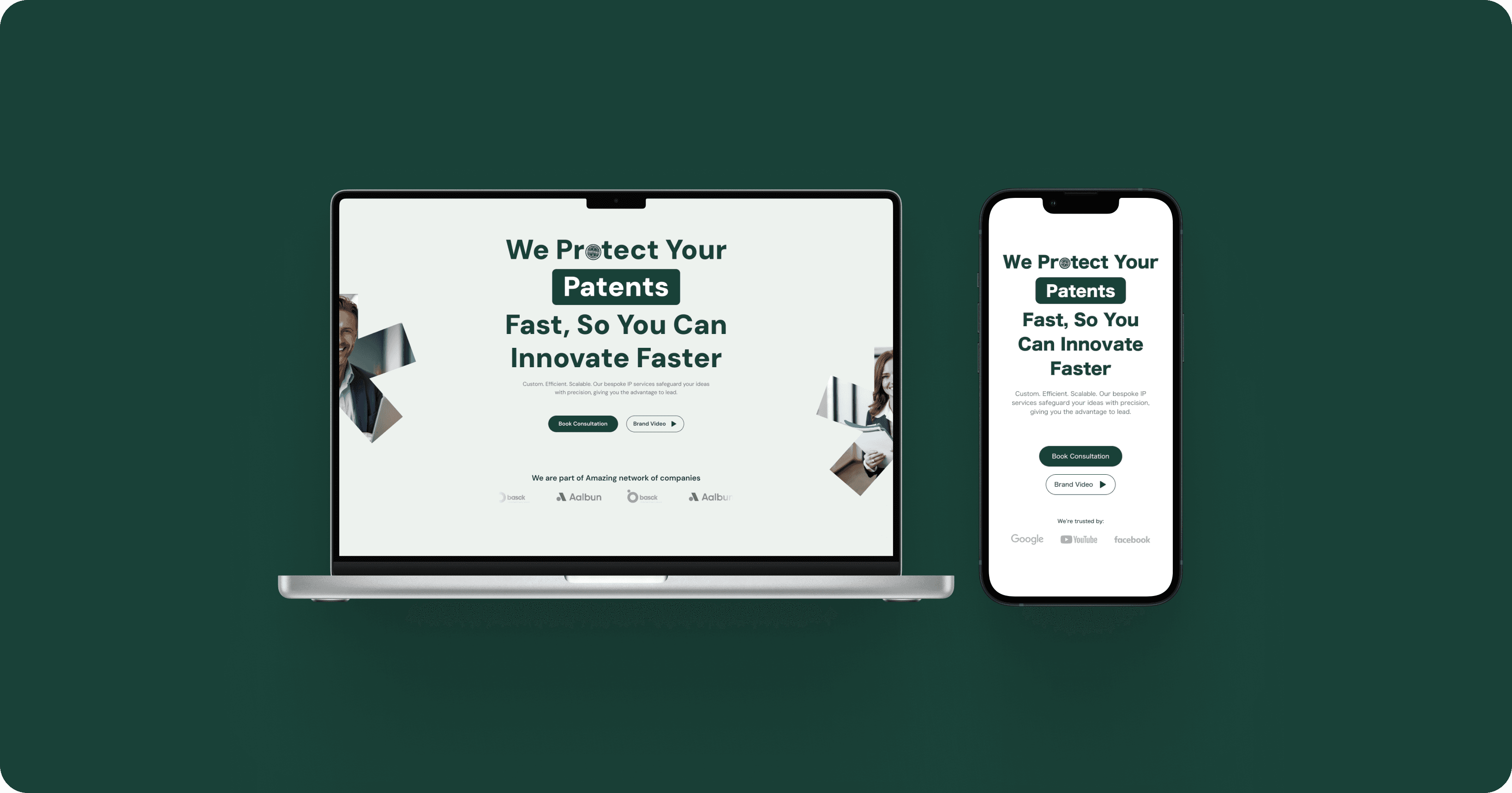 A laptop and a smartphone side-by-side, both displaying the Arctic Invent website. The website's homepage features the text 'We Protect Your Patents Fast, So You Can Innovate Faster' with images of professionals. The laptop shows the full website layout, while the smartphone displays the mobile-responsive version of the same page. The background is a solid dark green