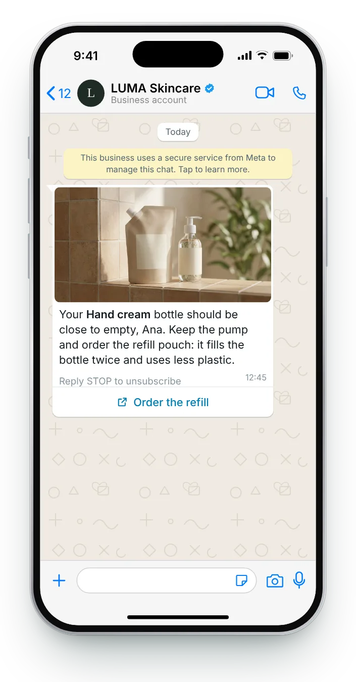 Point to the refill instead of a new bottle: WhatsApp reorder reminder on an iPhone