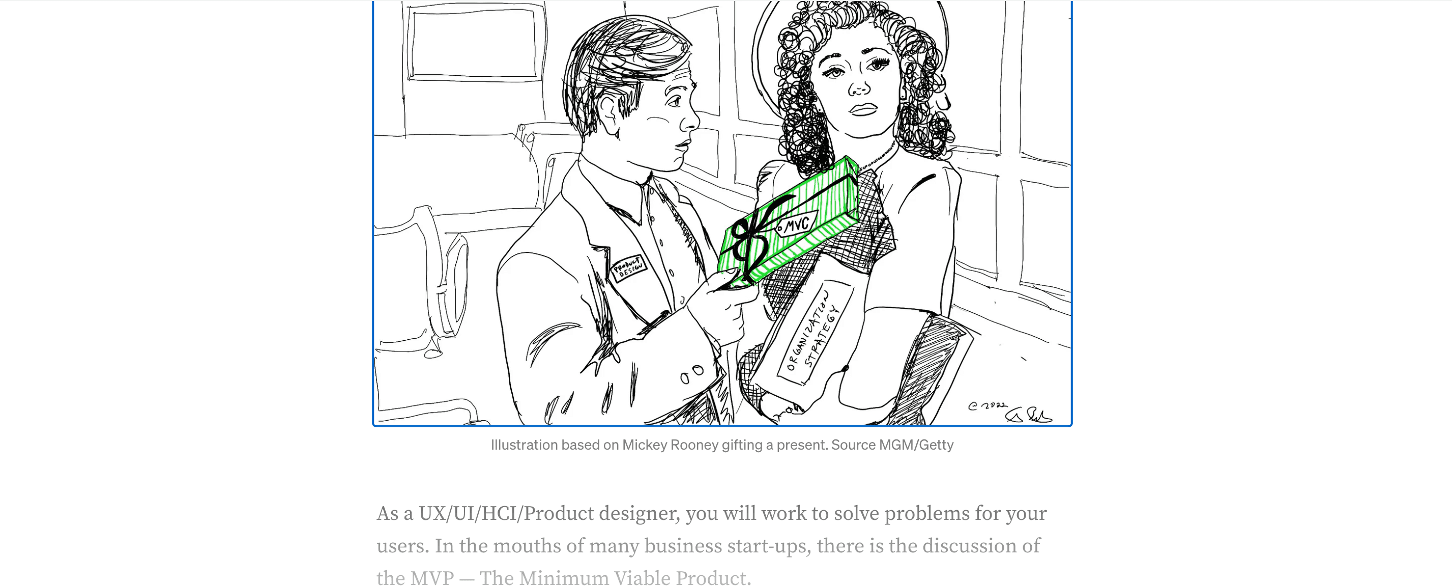 Illustration of a person labeled 'Product Design' giving a present labeled '$MVP' to a person holding a book labeled 'Organization Strategy.'