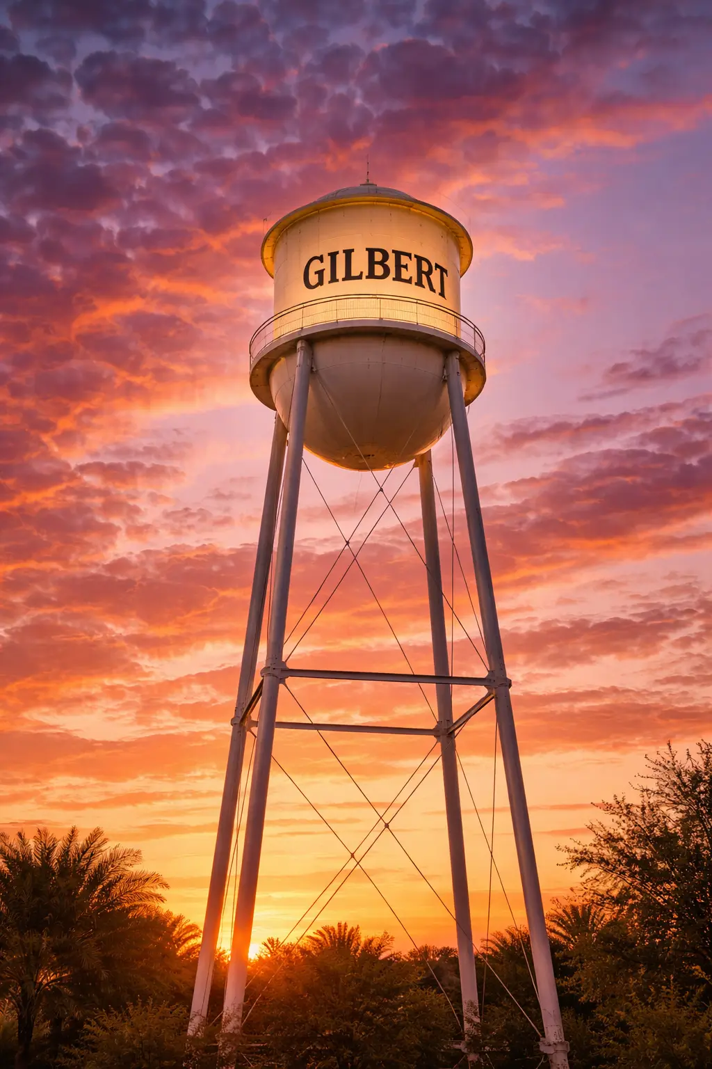 Historic Gilbert Water Tower at sunset.