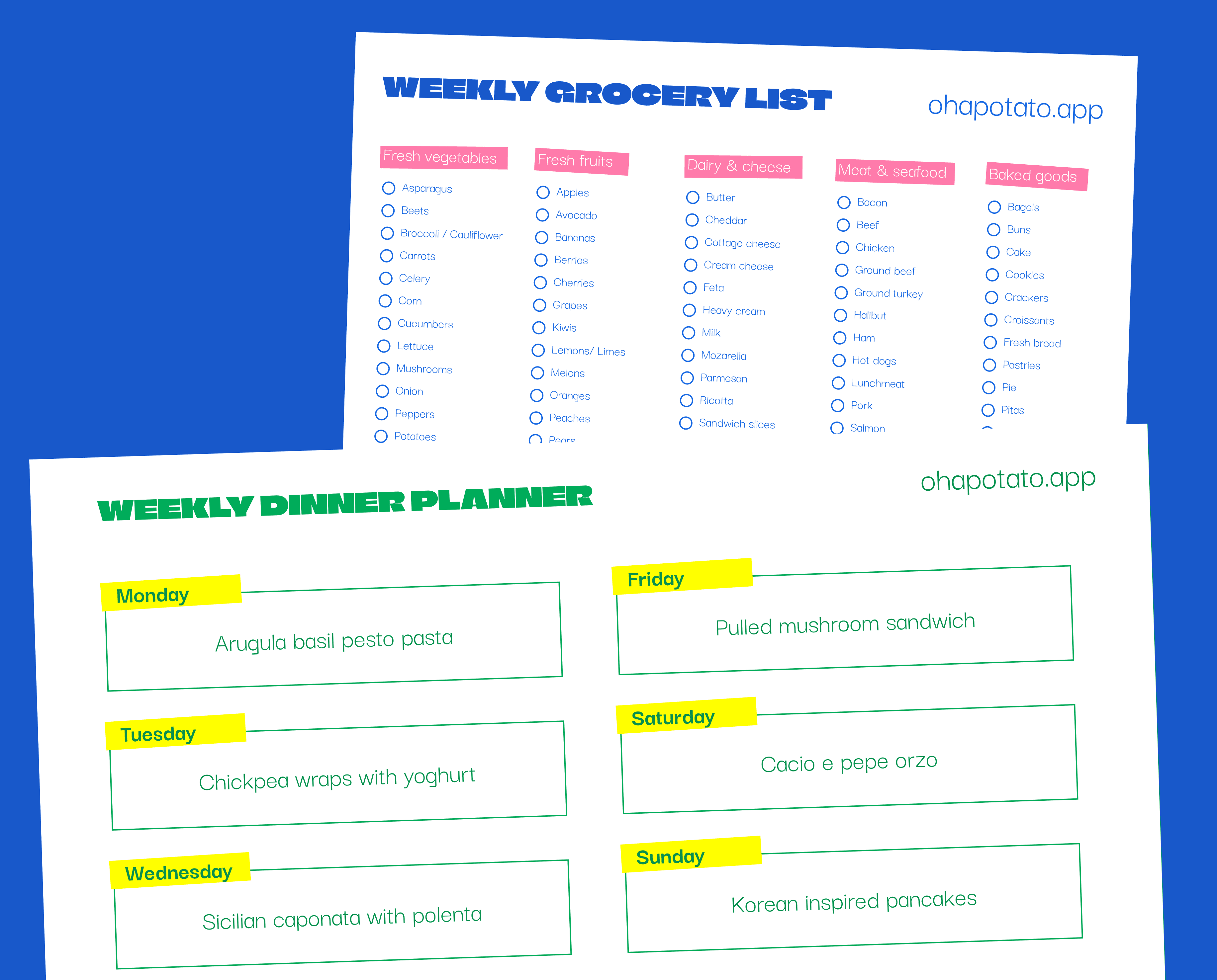  A screenshot of the OH, a potato! free grocery shopping checklist and dinner planner