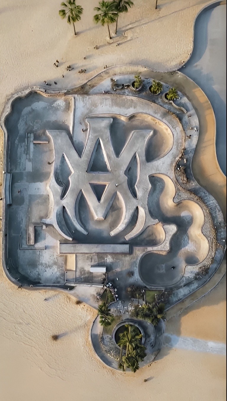 A direct overhead view showing the intricate geometric design of the Amiri logo skatepark