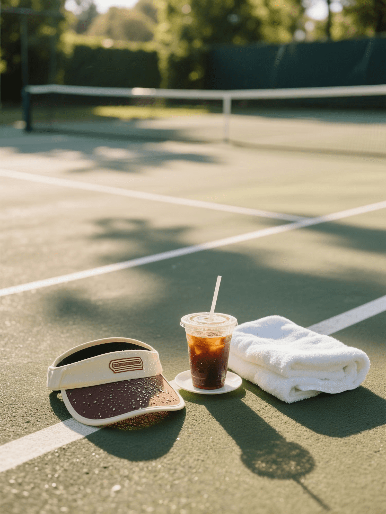 A sunny tennis court with a visor