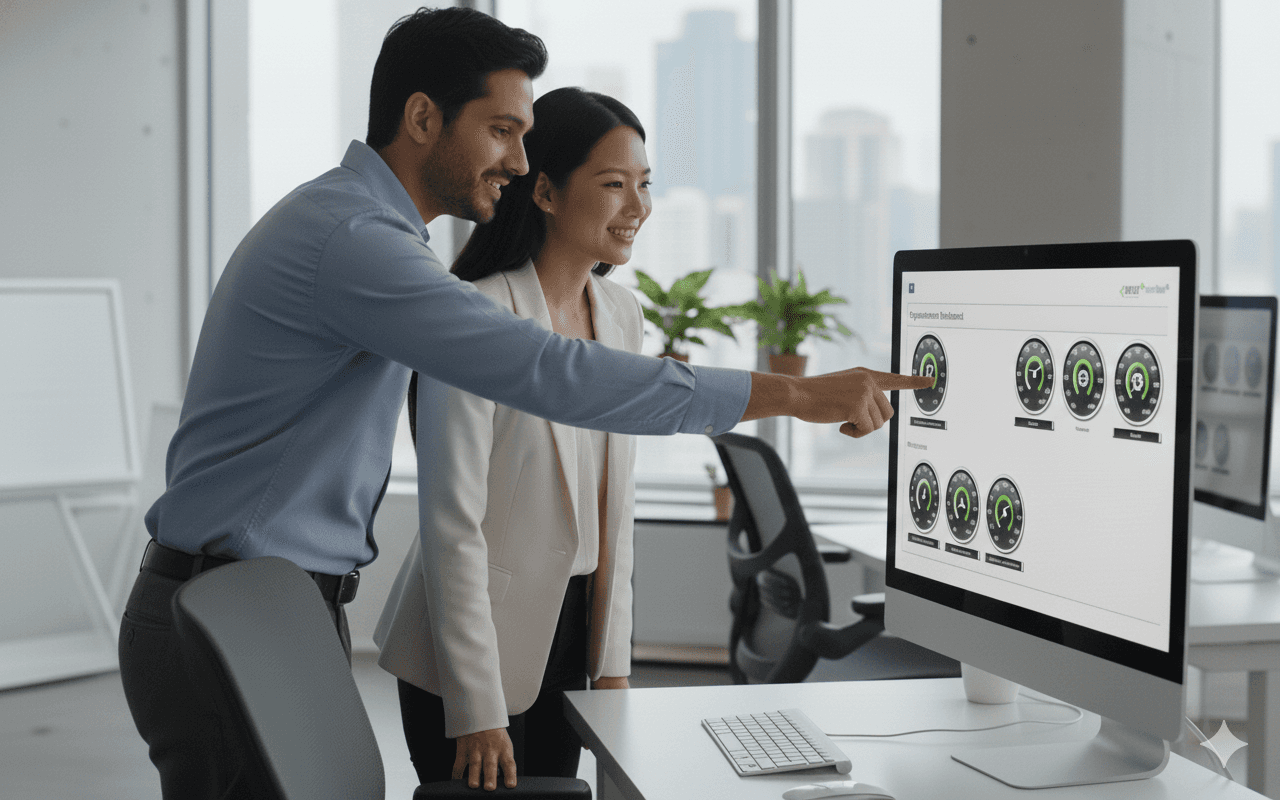 Two professionals analysing HOW4 organisational network dashboard on screen