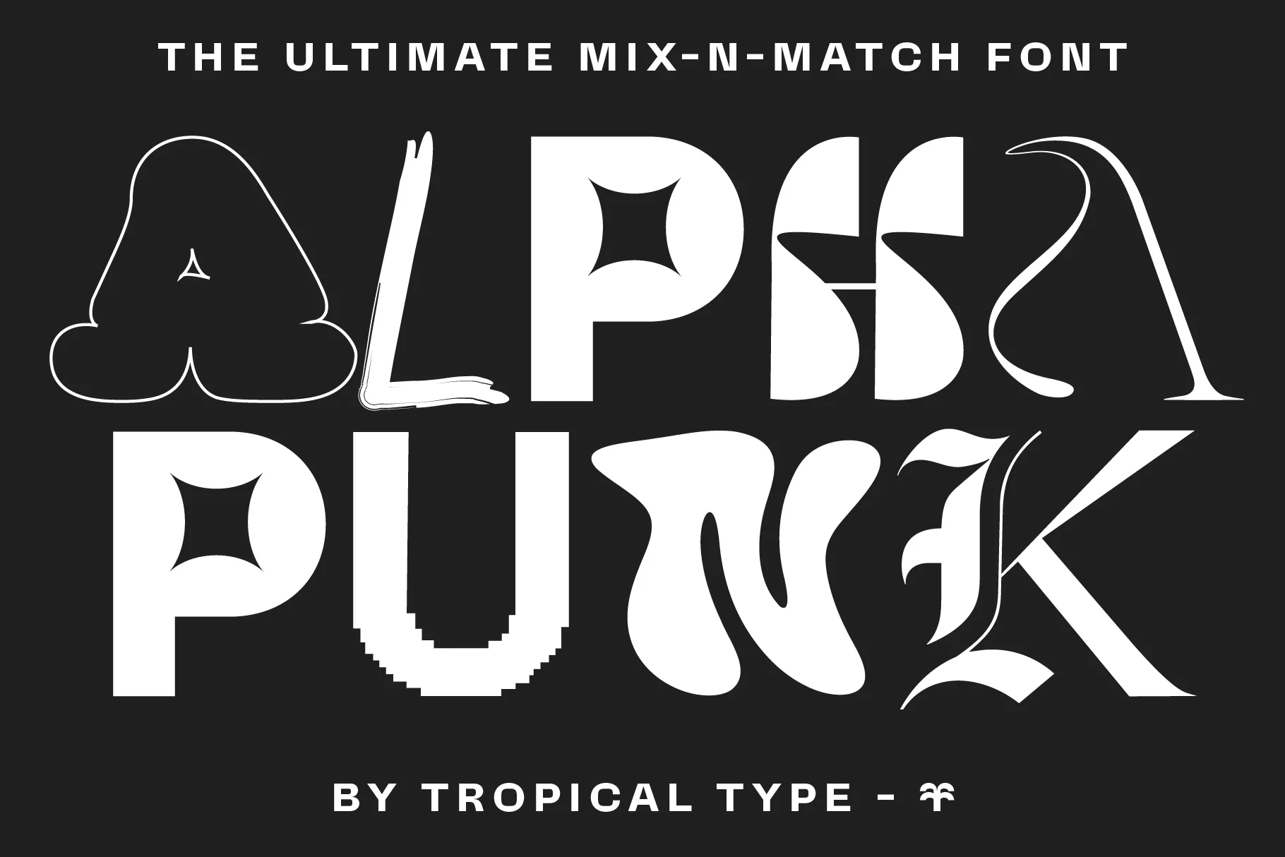 Promotional image featuring "ALPHA PUNK" in varied fonts, with "The Ultimate Mix-N-Match Font" at the top and "By Tropical Type" at the bottom.