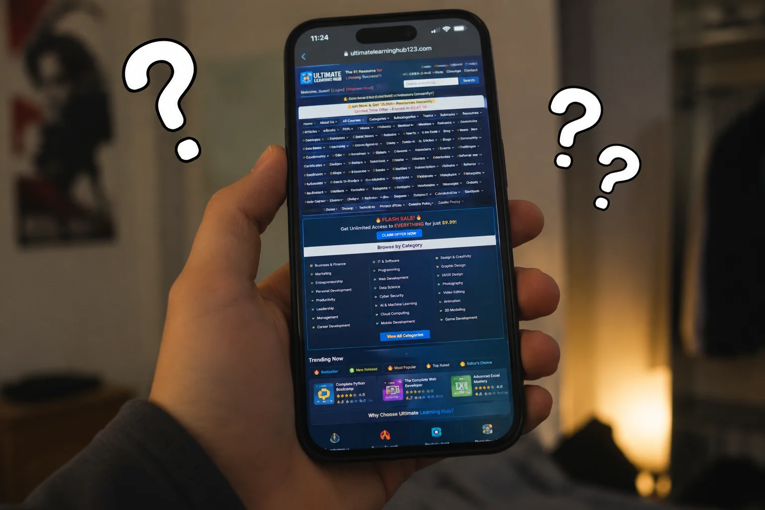 A hand holding a phone displaying a cluttered website packed with tiny links and menu items, surrounded by question marks, illustrating confusing, overwhelming mobile navigation.