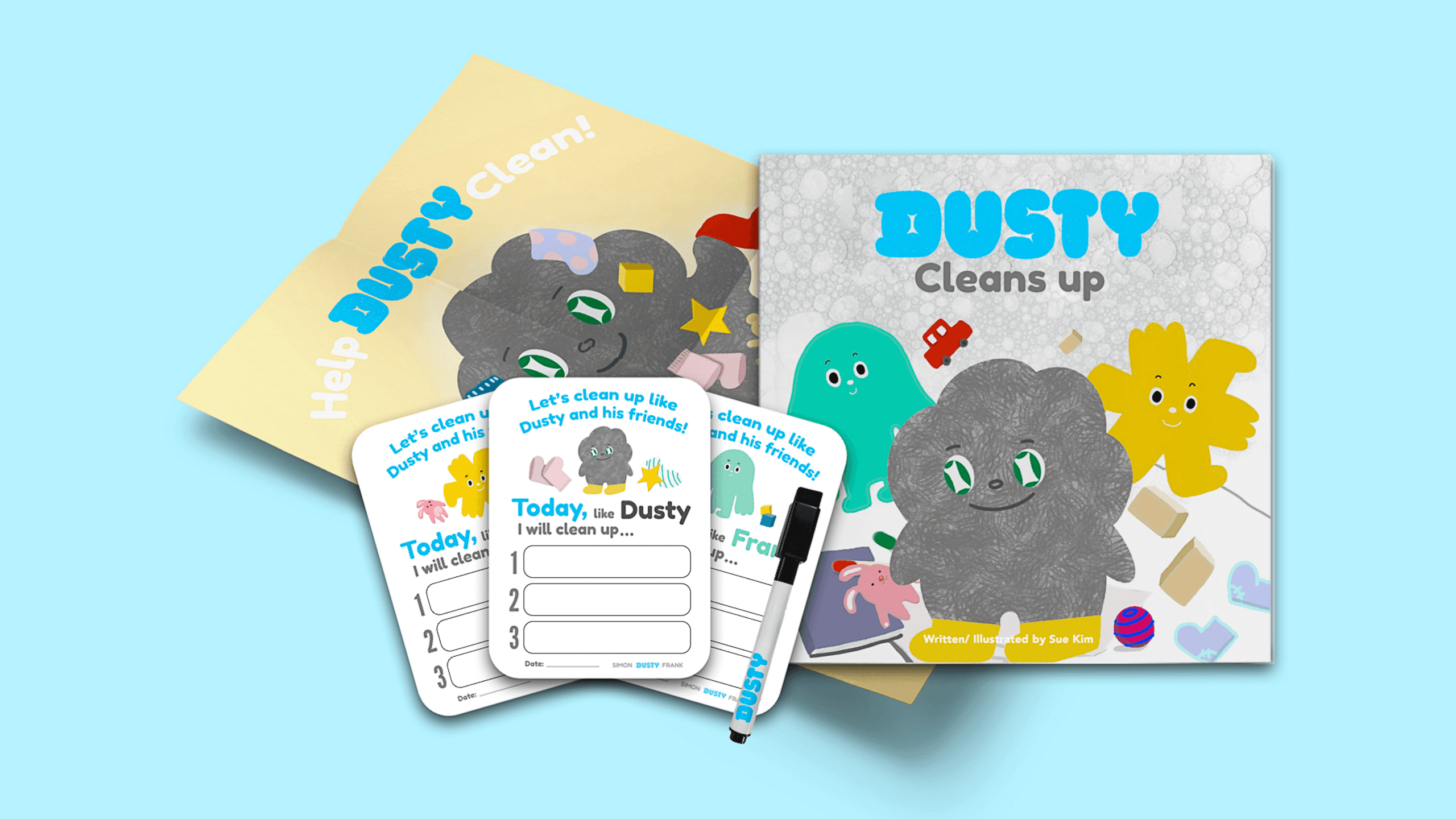 The image shows a children's activity set designed to help kids learn about cleaning up dusty surfaces. The set includes a colorful book titled "Dusty Cleans up," featuring cartoon characters and text about cleaning up dusty friends. The book cover shows a gray monster holding a yellow star and surrounded by other characters. Beside the book are three activity sheets: one with a blank space for writing, another with a checklist of dusty tasks, and a third with a space for drawing or writing. The sheets are illustrated with cartoon characters and objects. The background is a light blue color, and the sheets are arranged slightly overlapping each other. A black marker pen is also visible near the sheets.
