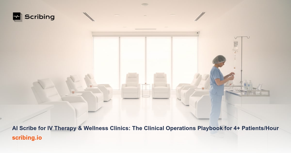 Modern IV therapy clinic treatment room with infusion chairs and digital clinical documentation tools illustrating AI scribe integration for wellness clinics