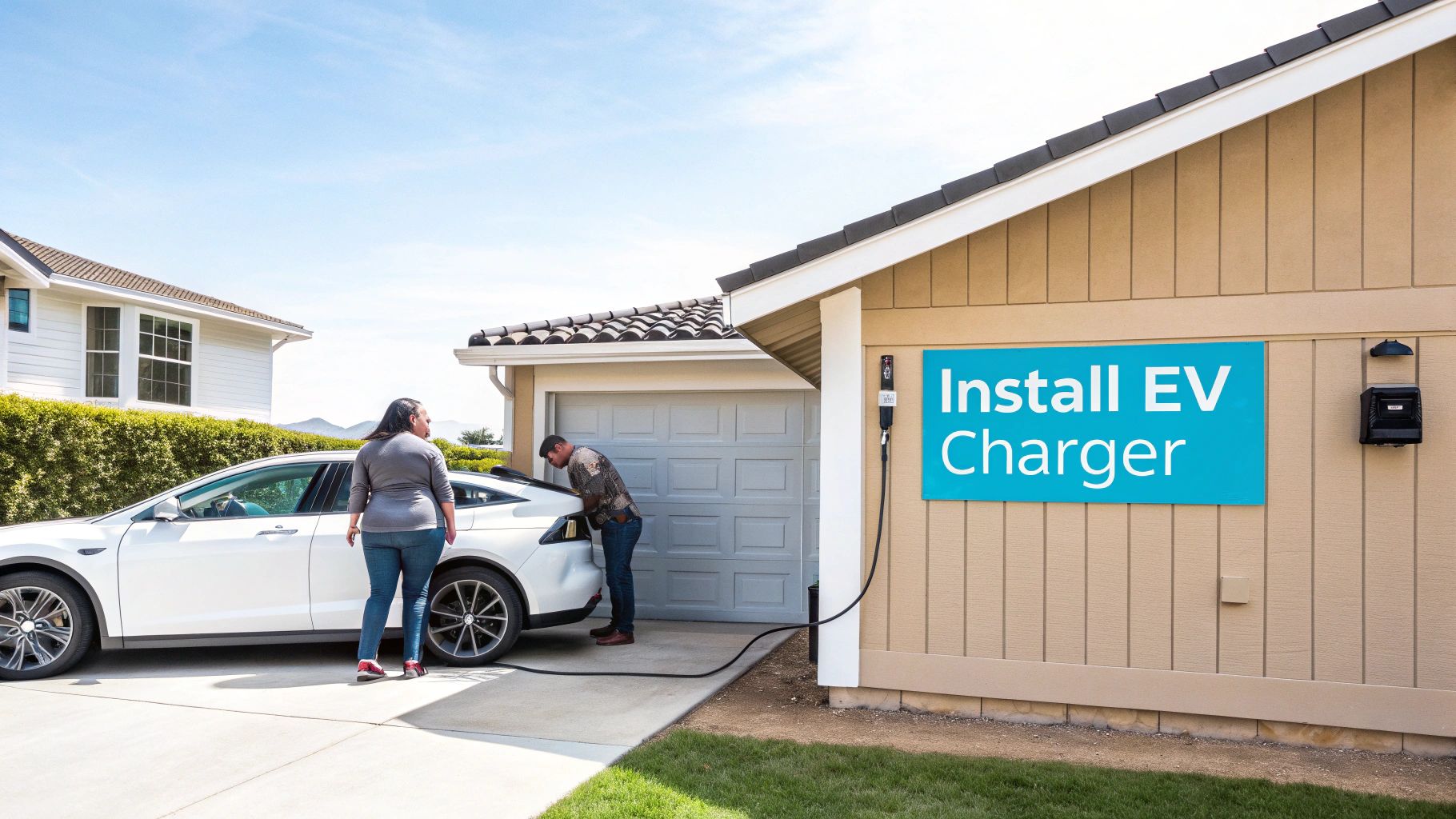 a man and wife plugging in their electric vehicle to their home