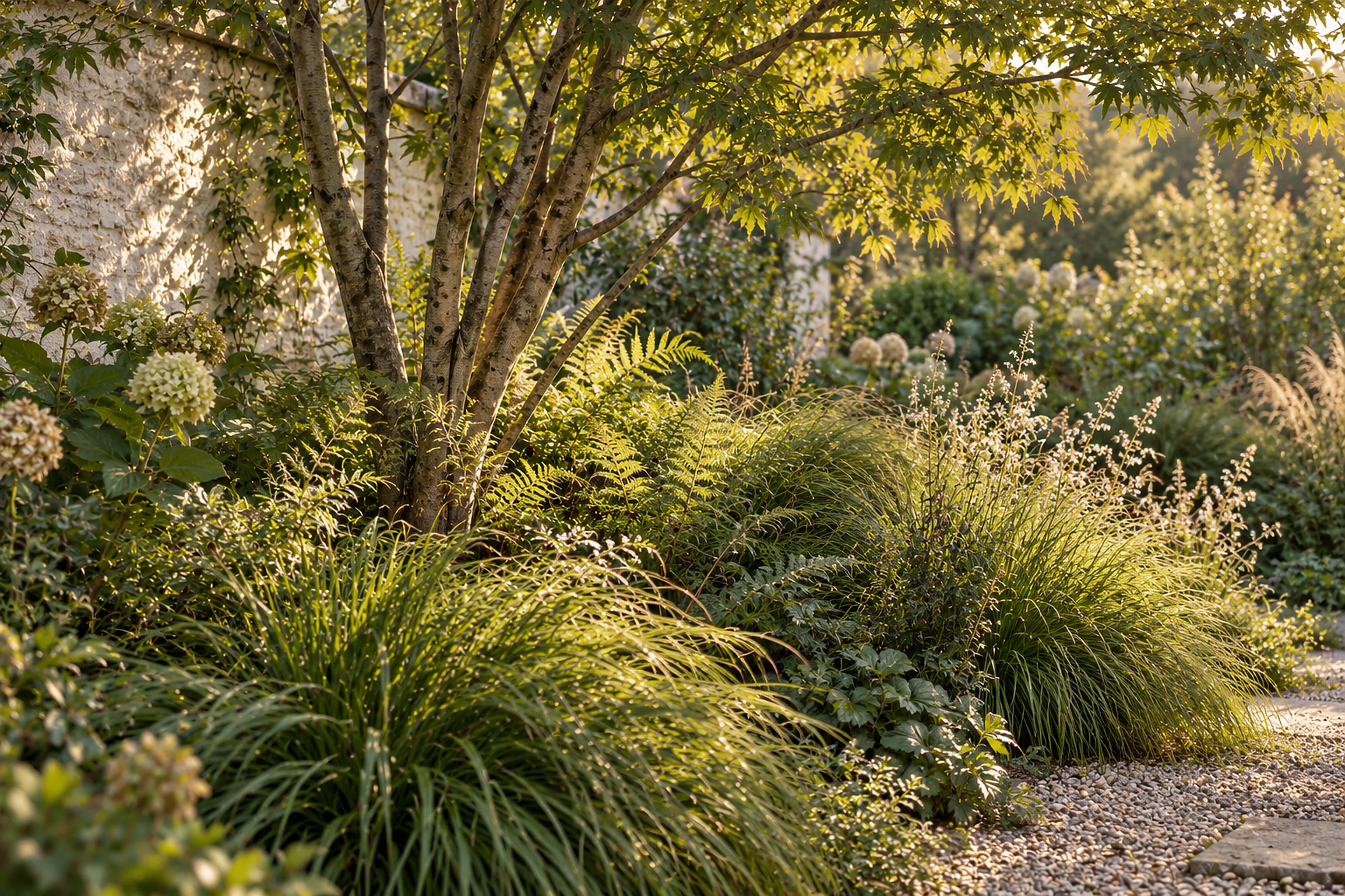 Ferns and arching grasses in the cool shade of a multi-stem tree.
