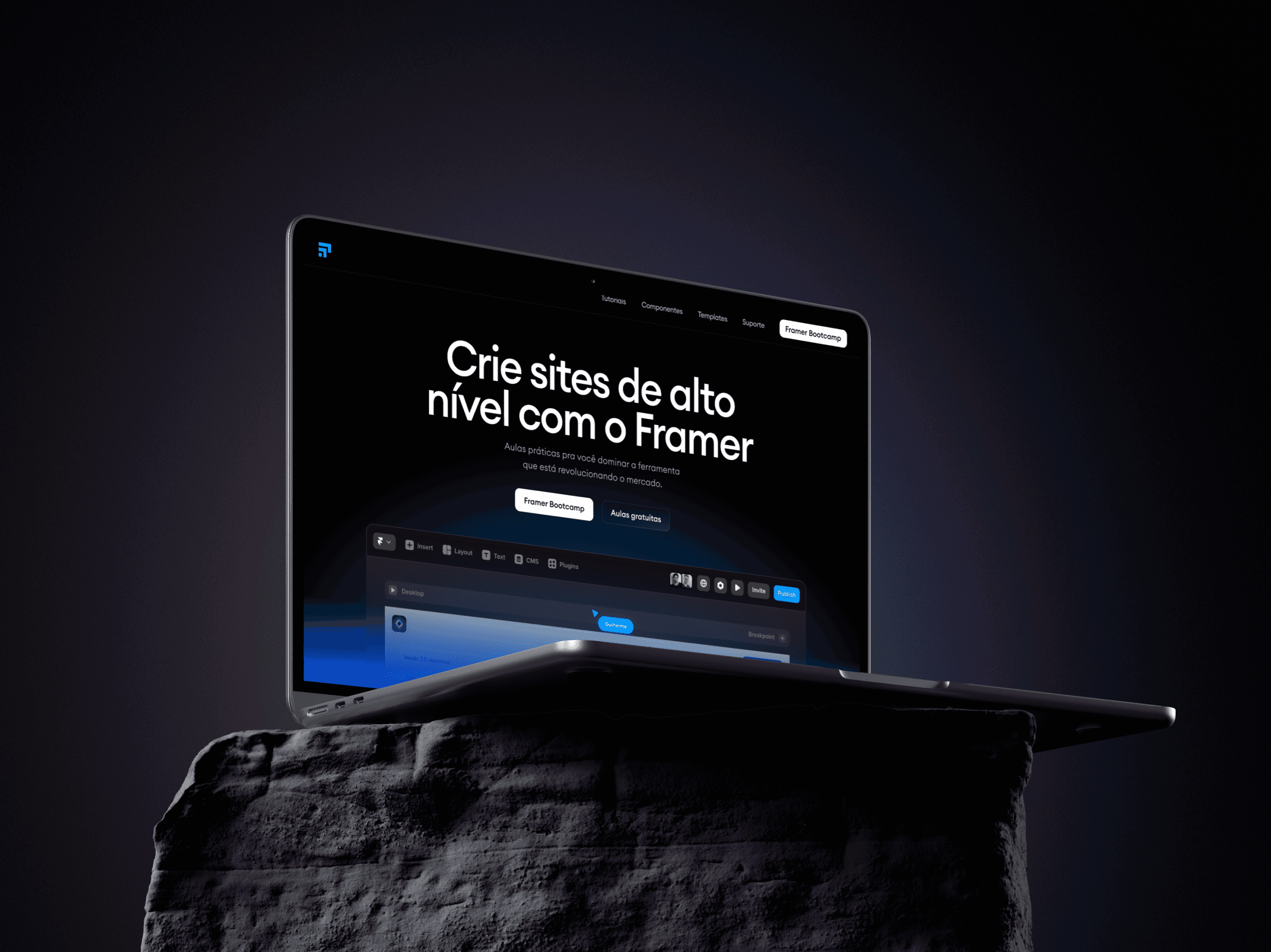Mockup desktop do site do Framer na Prática.