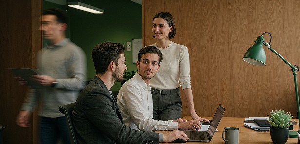 The image shows a group of four people in a modern office setting. Two men are seated at a desk with laptops, appearing to discuss something on the screen. A woman standing beside them is smiling and engaged in the conversation. In the background, another person walks by holding a tablet. The workspace has wooden walls, a green desk lamp, a succulent plant, and a professional yet relaxed atmosphere.