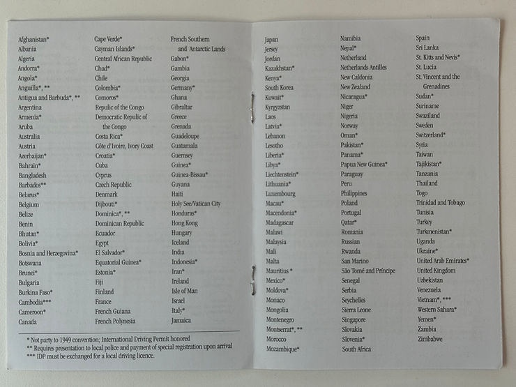 Inside page from an International Driving Permit booklet from AAA listing what needs to be done in order for an American to drive in various countries around the world.