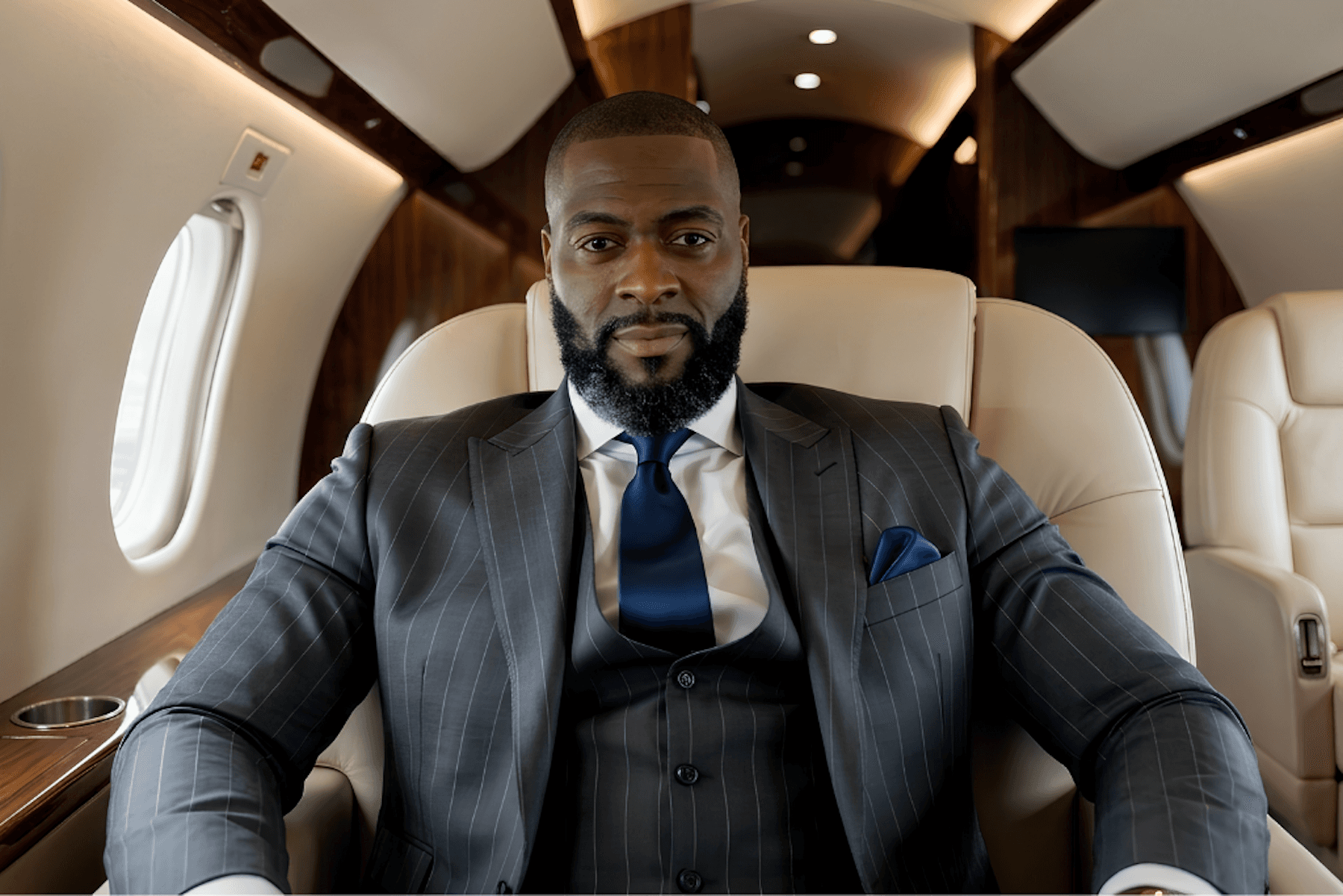 A man in a suit and tie seated in a private jet, symbolizing success and leadership in financial literacy and wealth education.