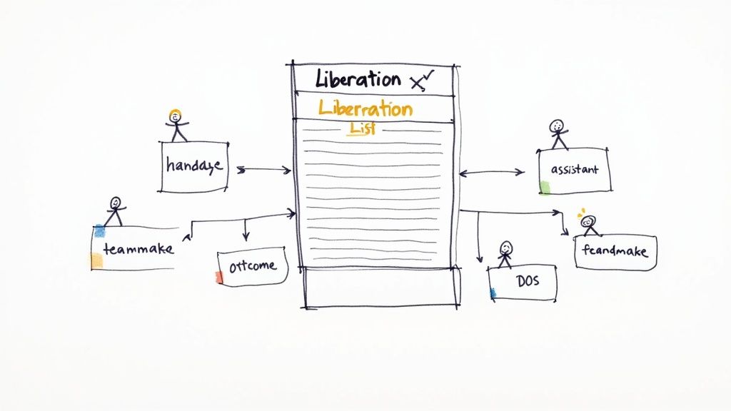 Hand-drawn diagram illustrating a 'Liberation List' with interconnected concepts like teammake, handaye, assistant, and outcome.