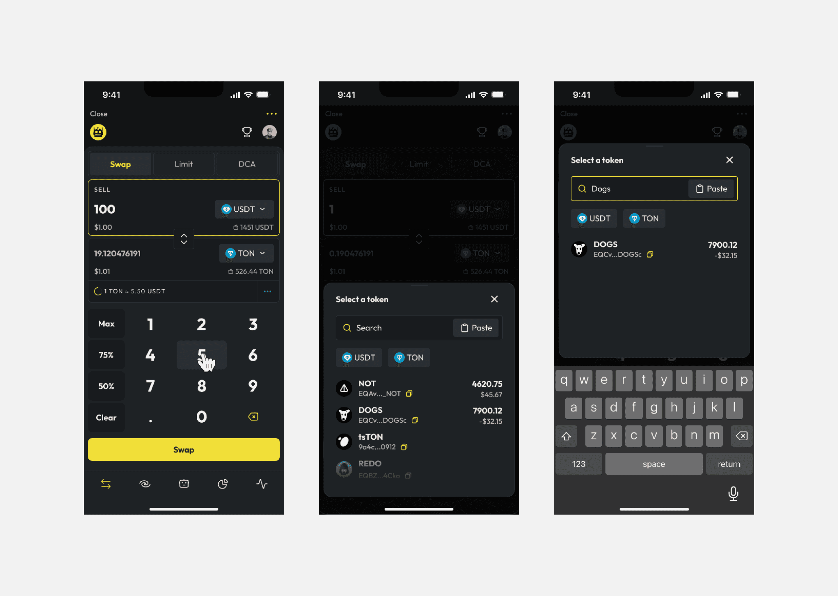 Swap UI, and token search, mobile