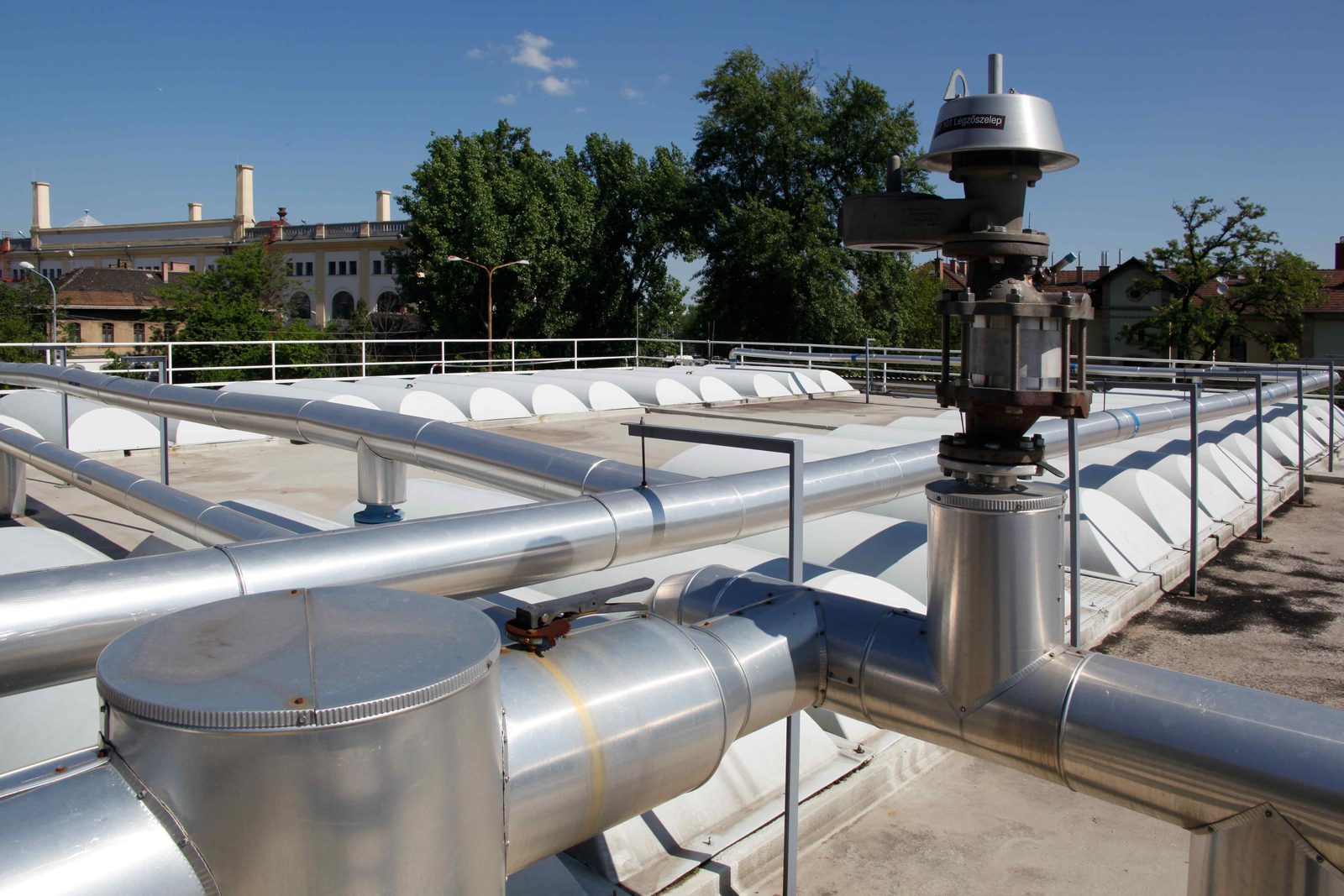 Covered anaerobic reactor and biogas pipework at the Dreher brewery wastewater treatment plant, Budapest, Hungary